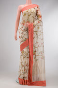 Beige Dual Tone Organza Silk Saree with Printed design on the body and Embroidery Border.  displayed on a mannequin