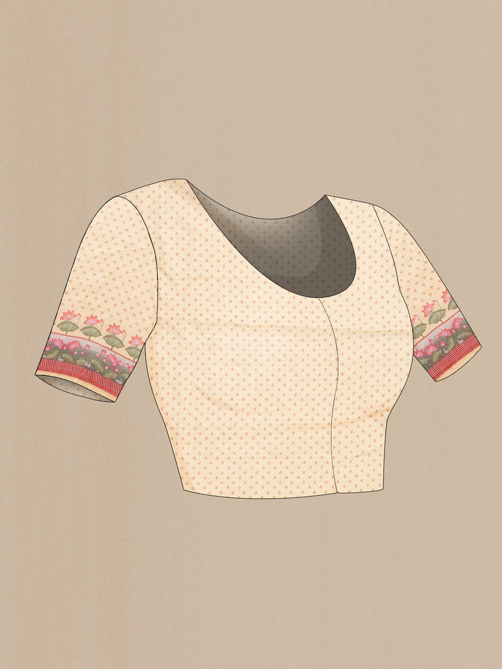 Close up image of the blouse of Sandal Dual Tone Organza Silk Saree with Embroidery on the body and Printed Border. 