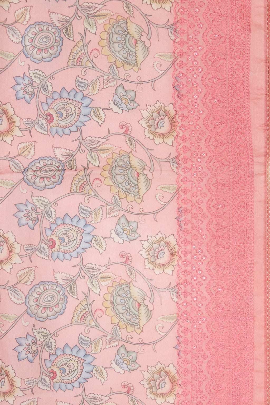 Border image of Rose pink Dual Tone Organza Silk Saree with Printed design on the body and Embroidery Border. 