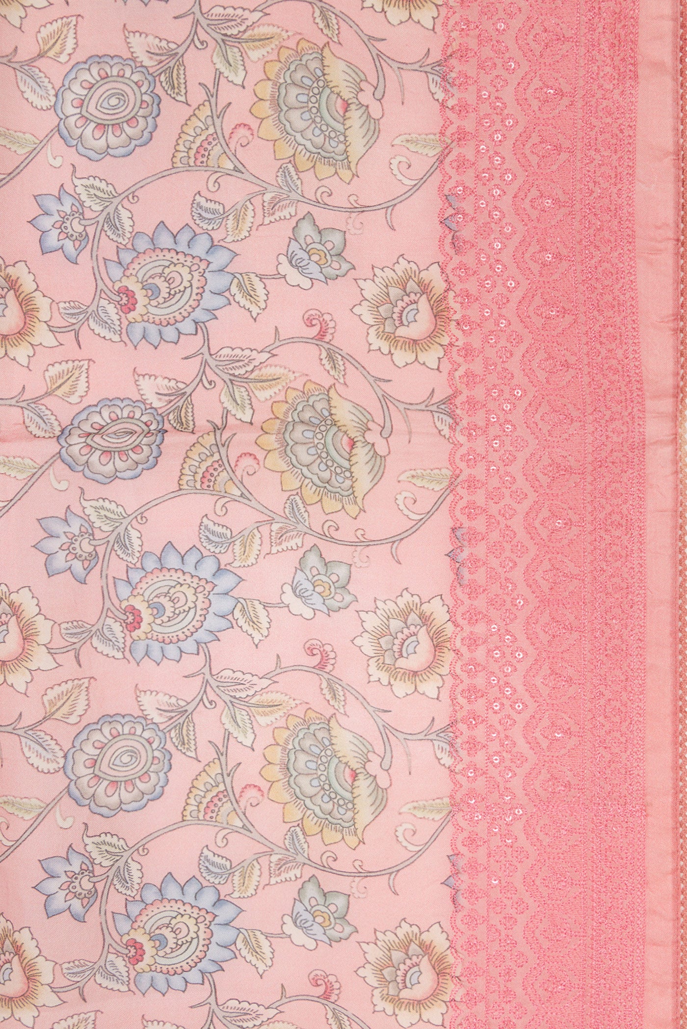 Border image of Rose pink Dual Tone Organza Silk Saree with Printed design on the body and Embroidery Border. 