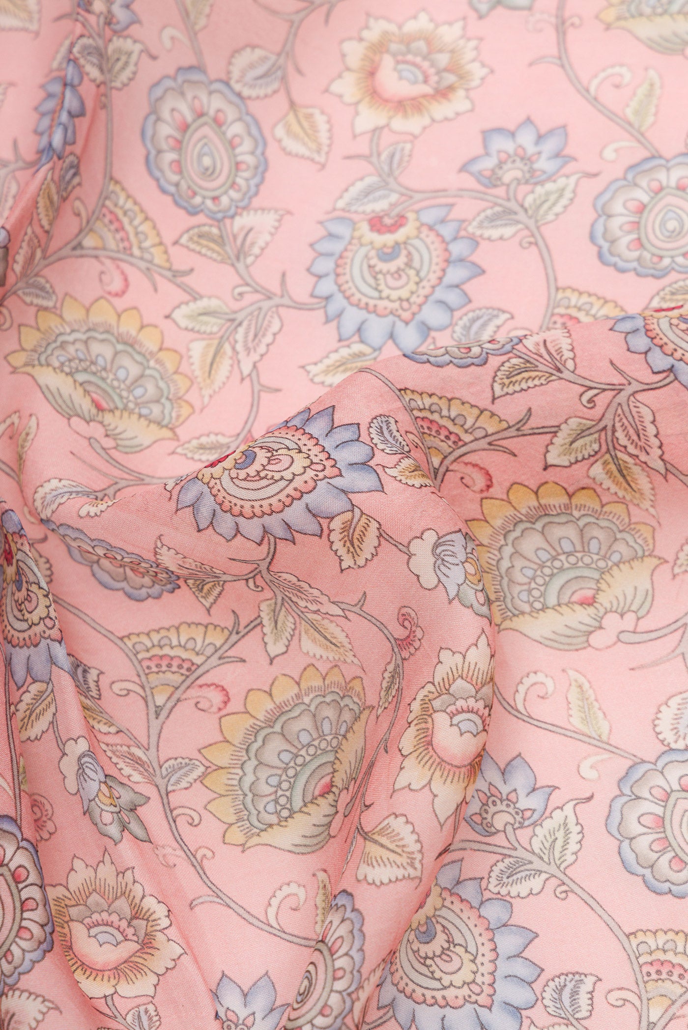 Close up of Rose pink Dual Tone Organza Silk Saree with Printed design on the body and Embroidery Border.  displaying folds
