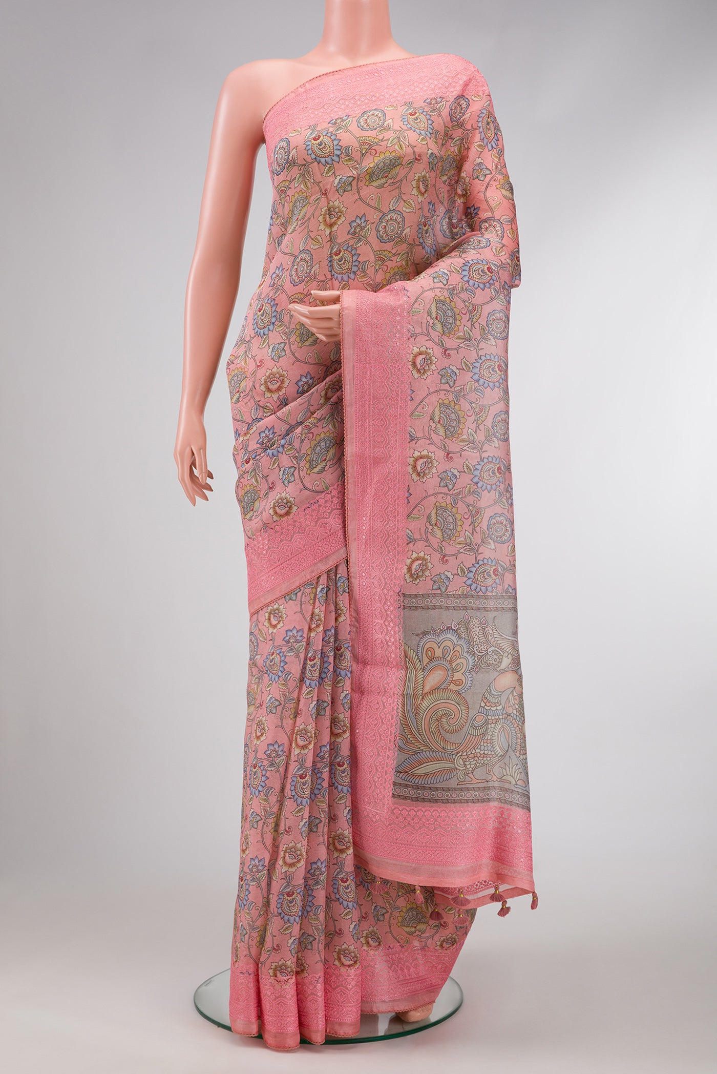 Rose pink Dual Tone Organza Silk Saree with Printed design on the body and Embroidery Border.  displayed on a mannequin