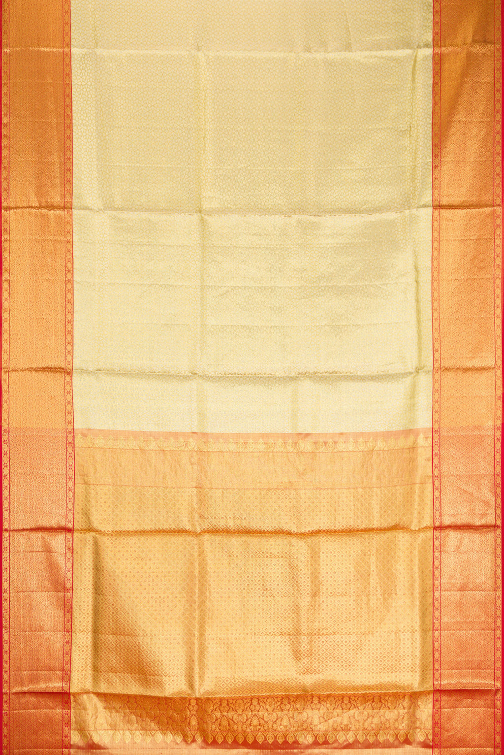 Flat view of Gold Dual Tone Kanchipuram Tissue Silk Saree with Zari Brocade on the body and Zari Border. 