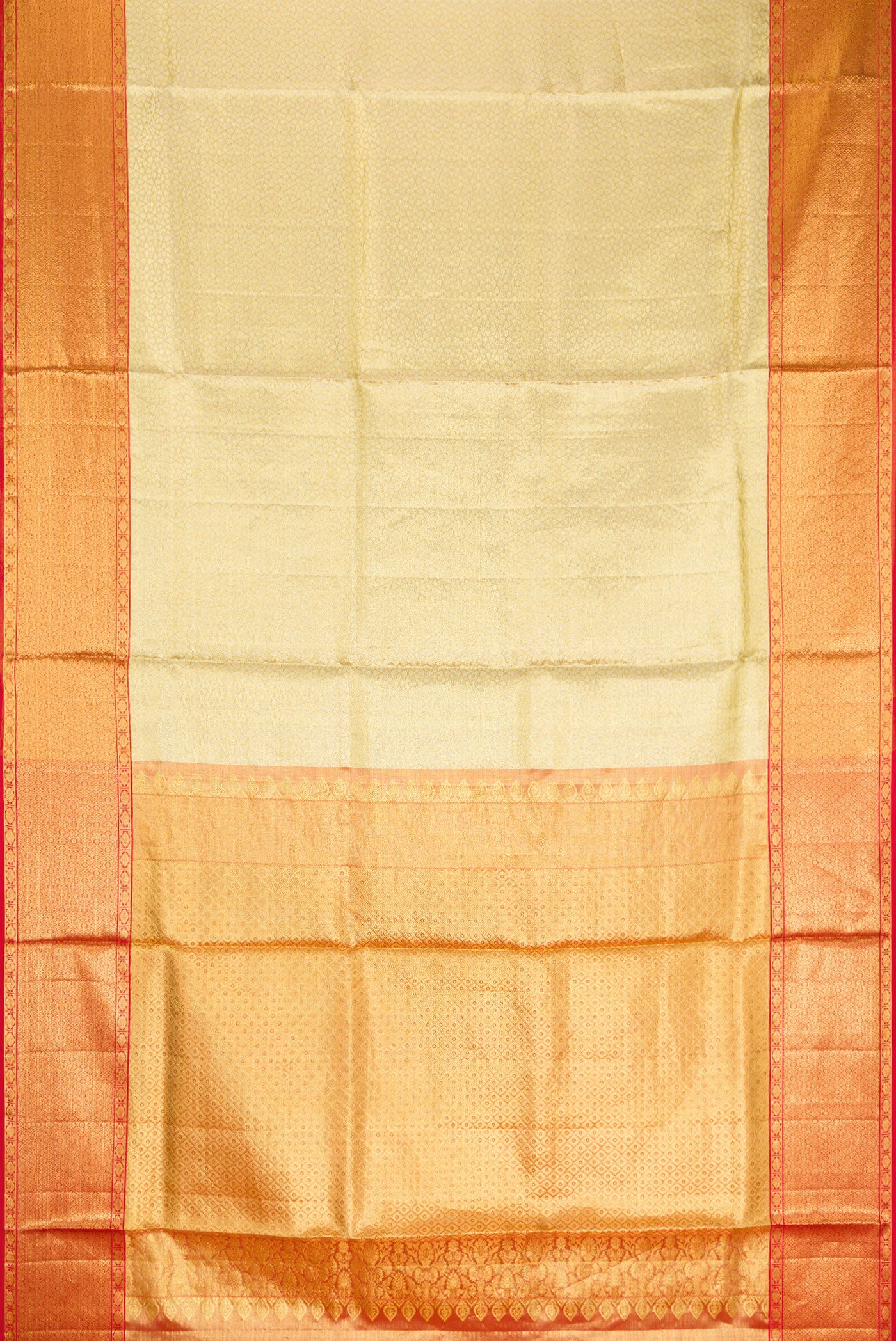 Flat view of Gold Dual Tone Kanchipuram Tissue Silk Saree with Zari Brocade on the body and Zari Border. 