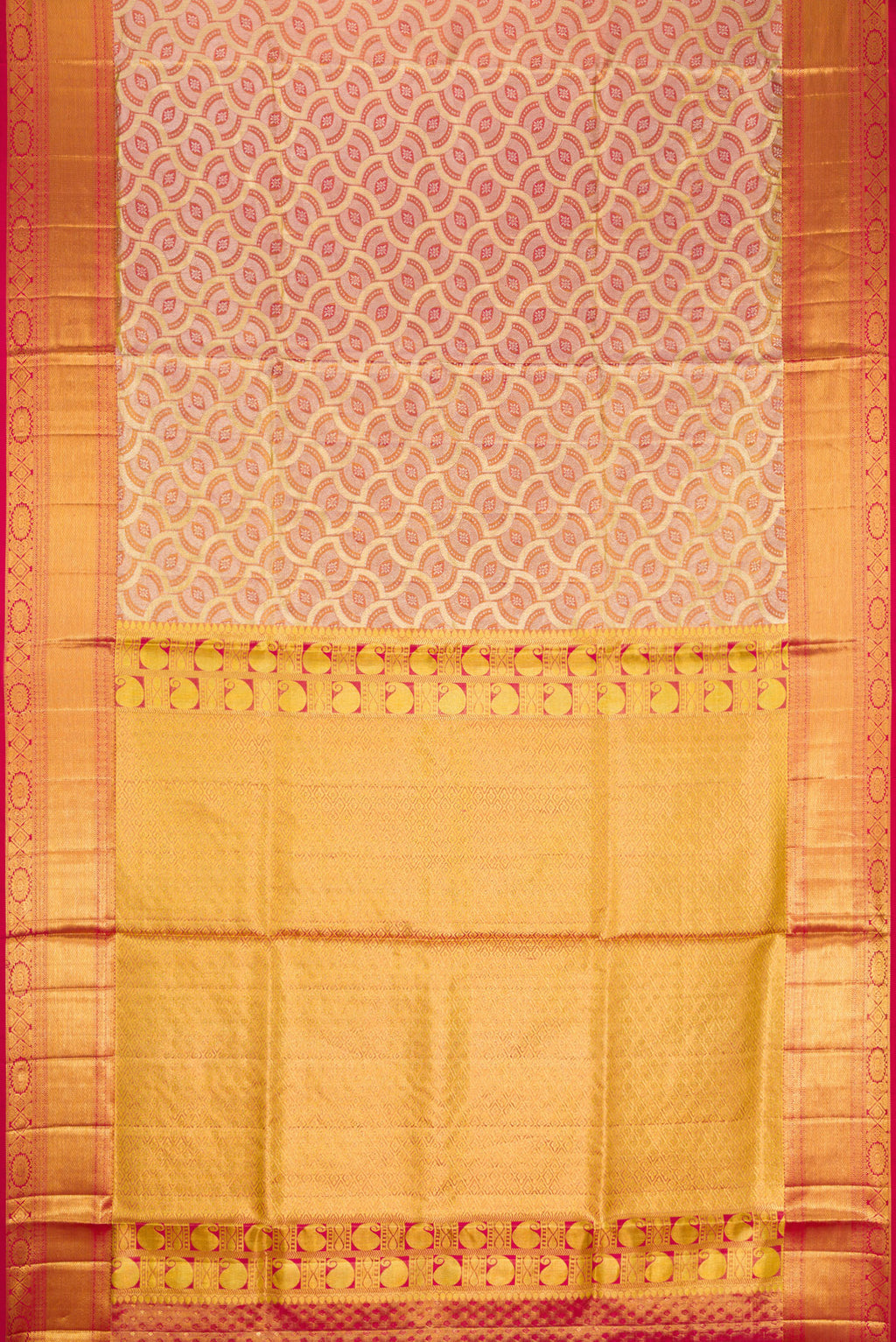 Flat view of Gold Dual Tone Kanchipuram Tissue Silk Saree with Zari Brocade on the body and Zari Border. 