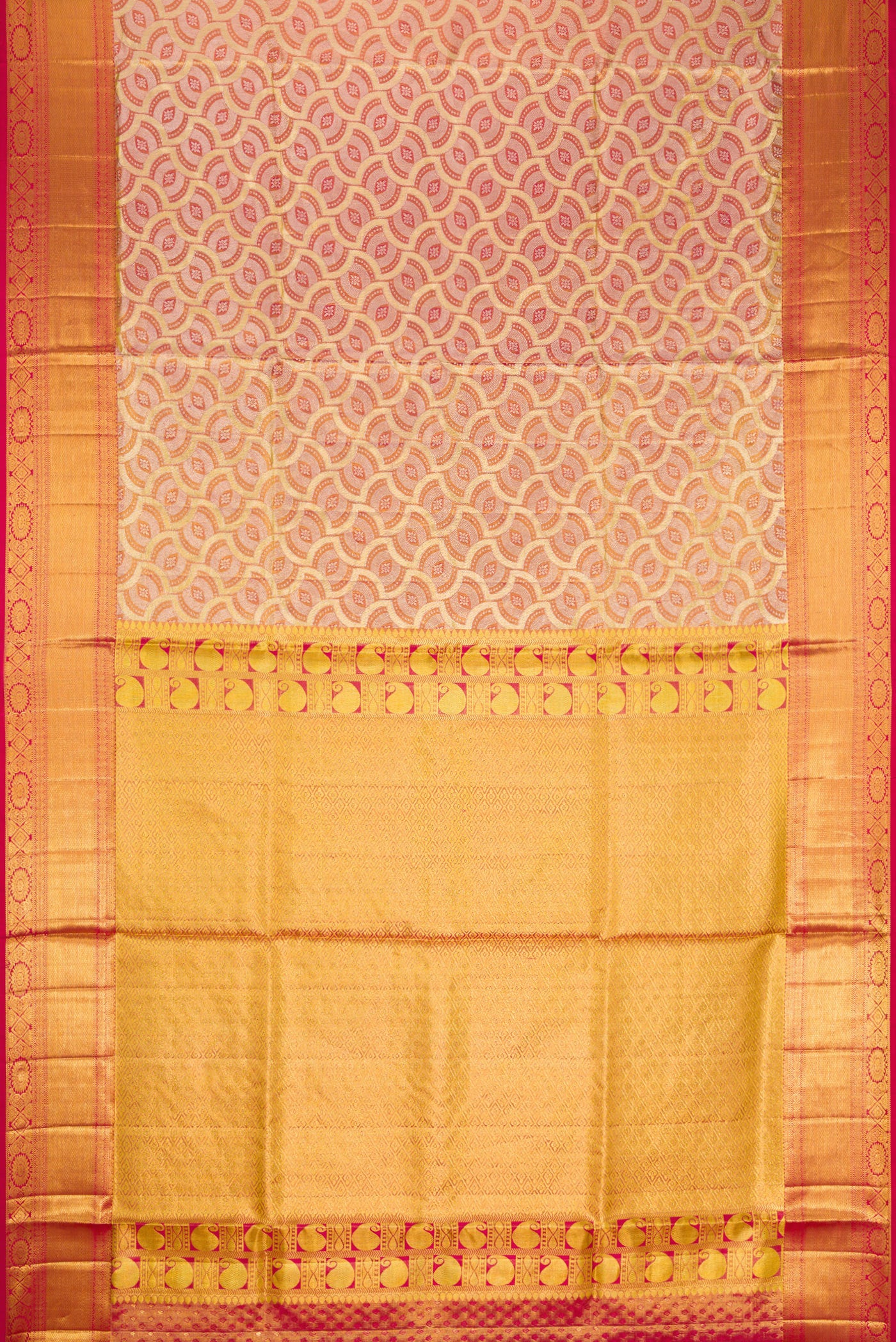 Flat view of Gold Dual Tone Kanchipuram Tissue Silk Saree with Zari Brocade on the body and Zari Border. 