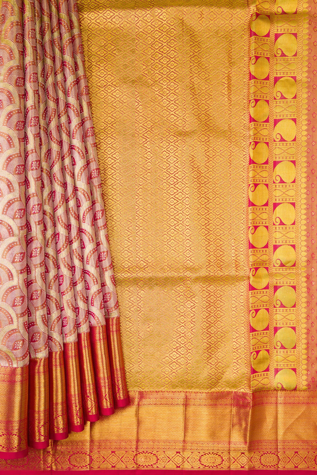 Pleats and pallu of Gold Dual Tone Kanchipuram Tissue Silk Saree with Zari Brocade on the body and Zari Border. 