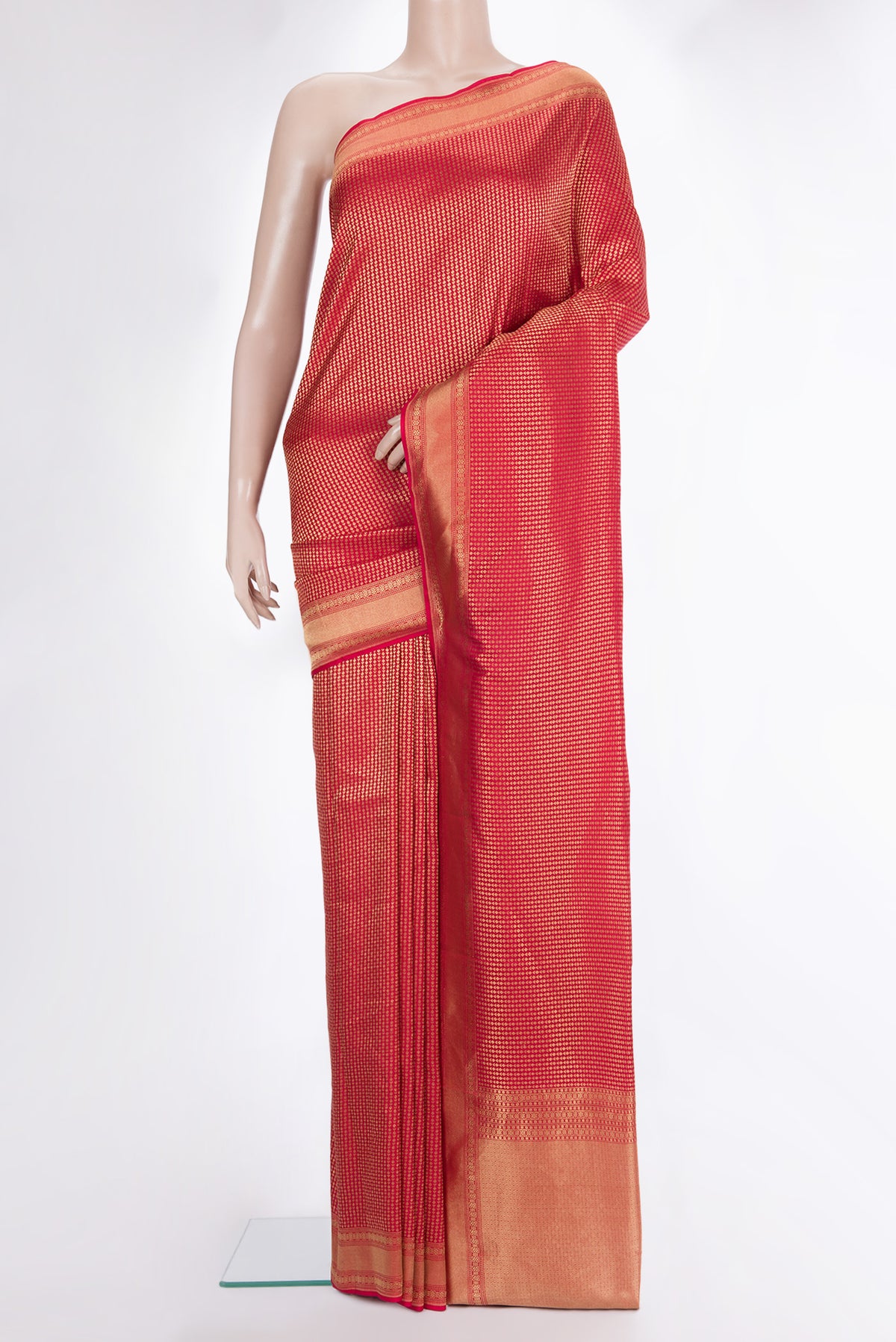 Dark Pink Banarasi Georgette Saree with Zari Brocade on the body and Zari Border.  displayed on a mannequin