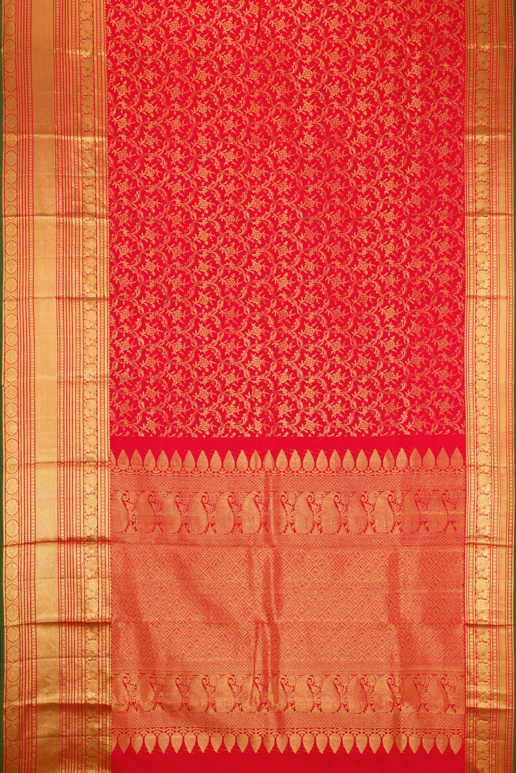 Flat view of Red Dual Tone Kanjivaram Silk Saree with Zari Brocade on the body and Zari Border. 