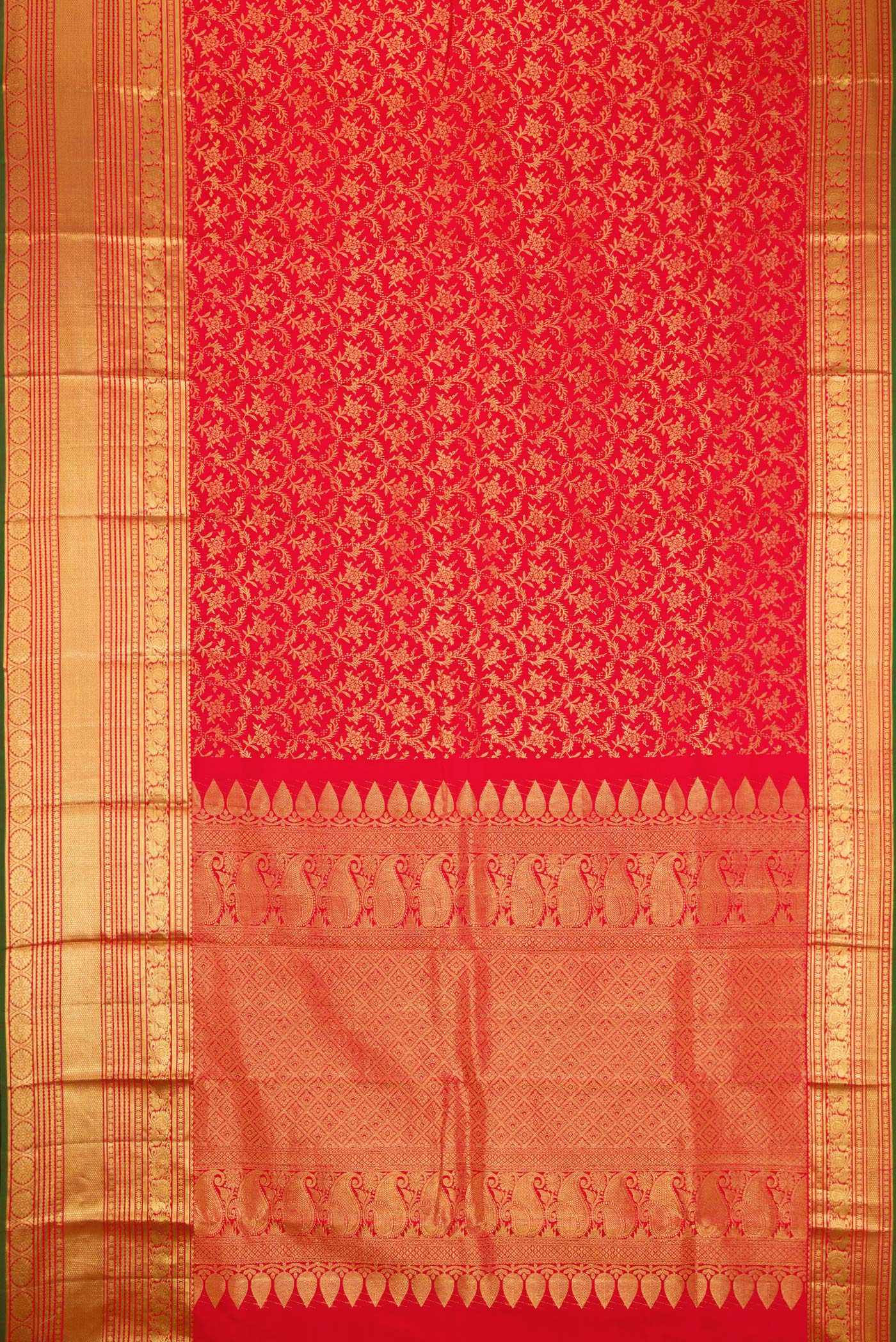 Flat view of Red Dual Tone Kanjivaram Silk Saree with Zari Brocade on the body and Zari Border. 