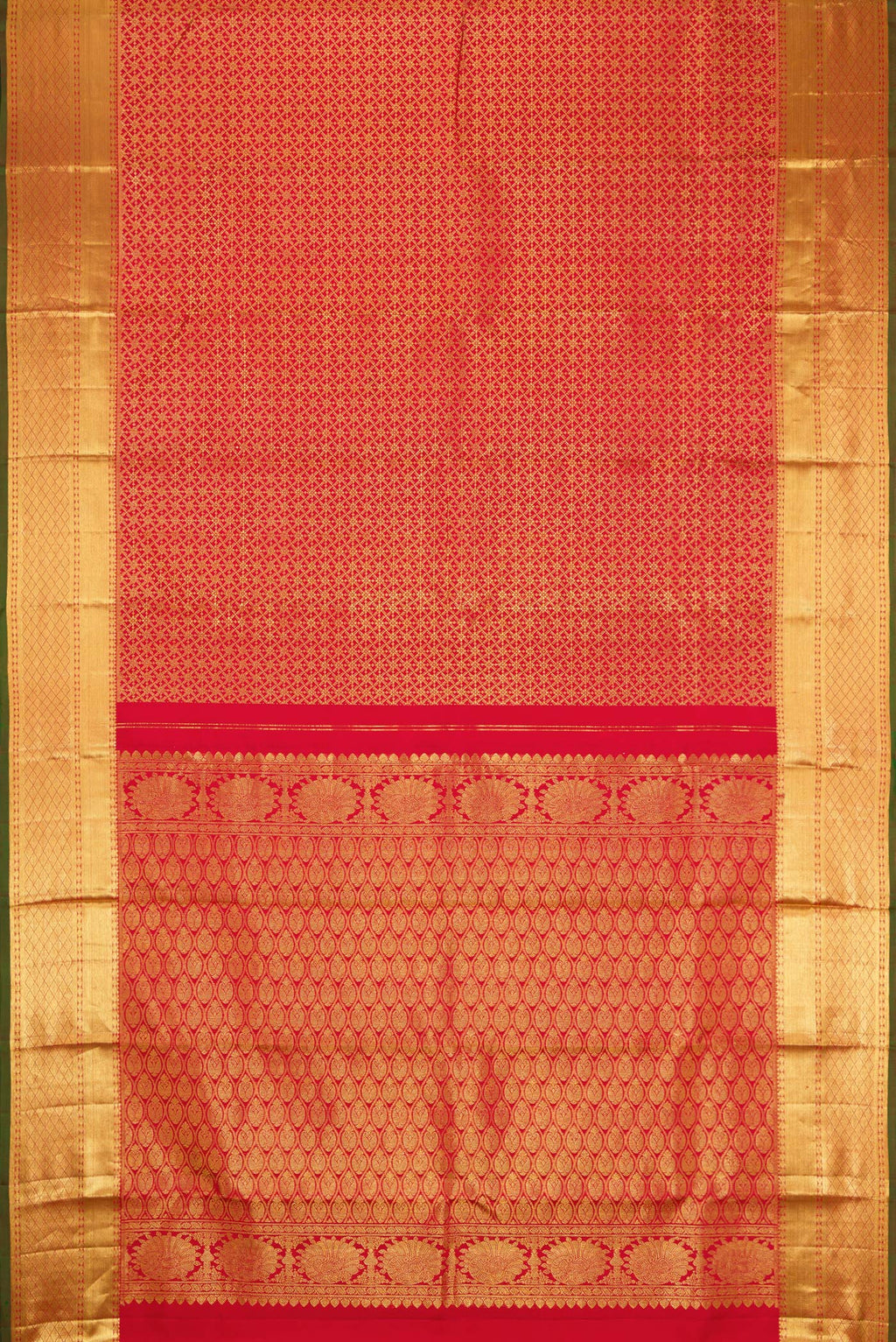 Flat view of Red Dual Tone Kanjivaram Silk Saree with Zari Brocade on the body and Zari Border. 