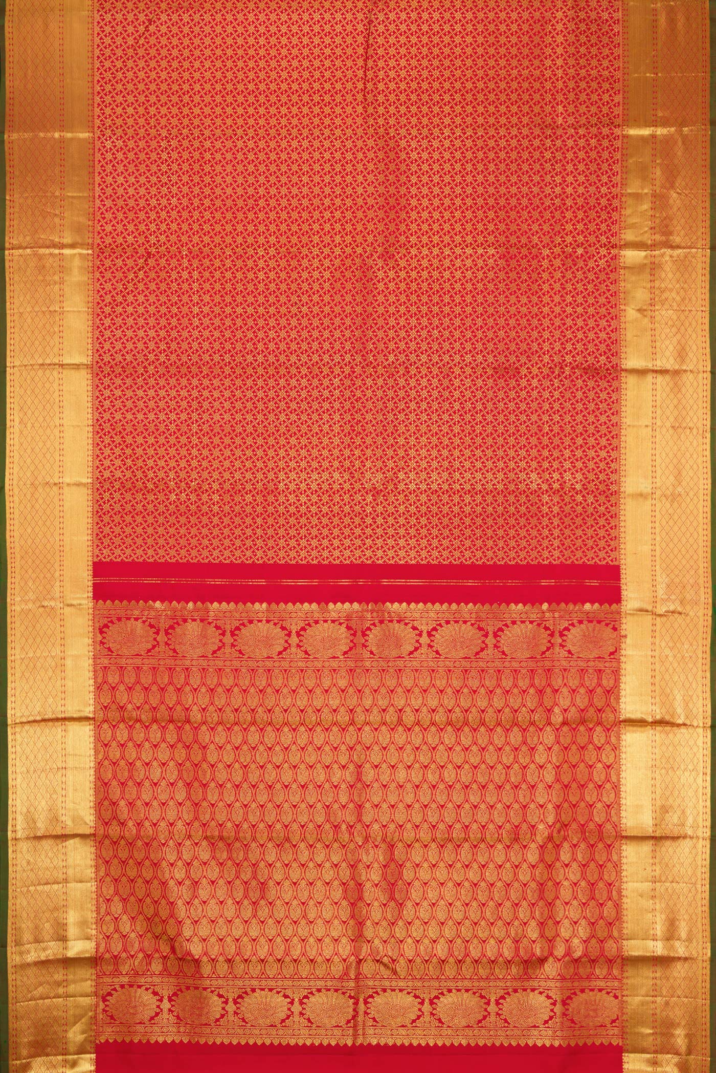 Flat view of Red Dual Tone Kanjivaram Silk Saree with Zari Brocade on the body and Zari Border. 