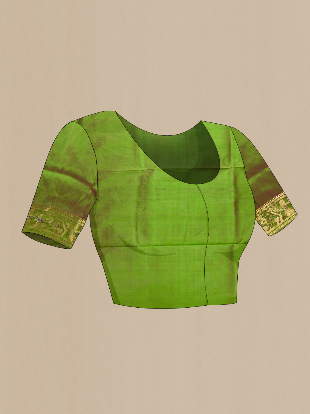 Close up image of the blouse of Green Dual Tone Baluchari Silk Saree with Zari And Thread Butta on the body and Zari Border. 