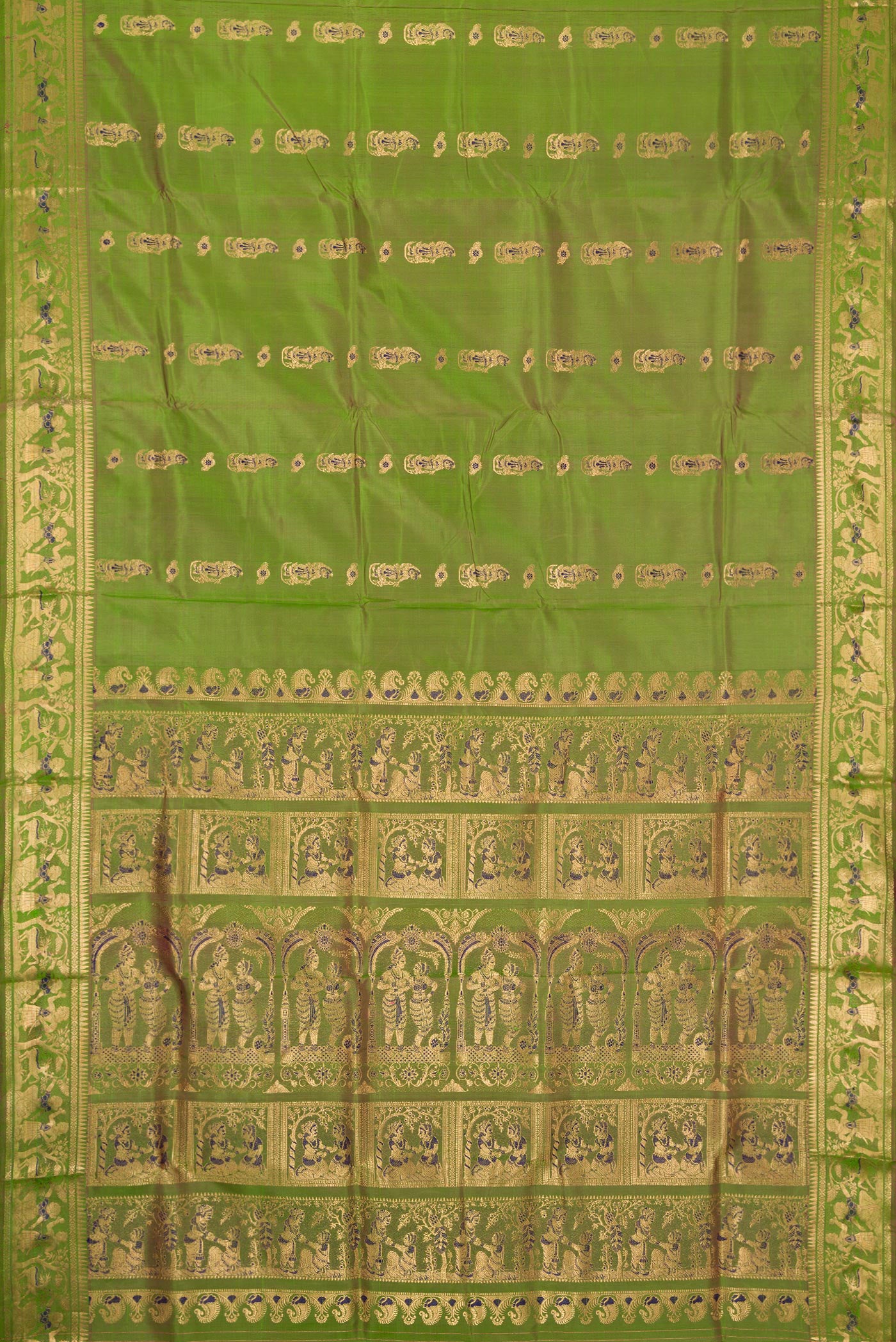 Flat view of Green Dual Tone Baluchari Silk Saree with Zari And Thread Butta on the body and Zari Border. 