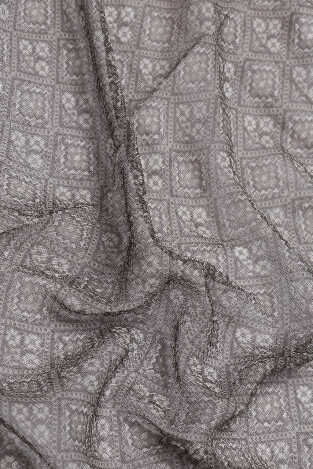 Close up of Grey Dual Tone Chiffon Saree with Printed design on the body and Thin Zari Line.  displaying folds