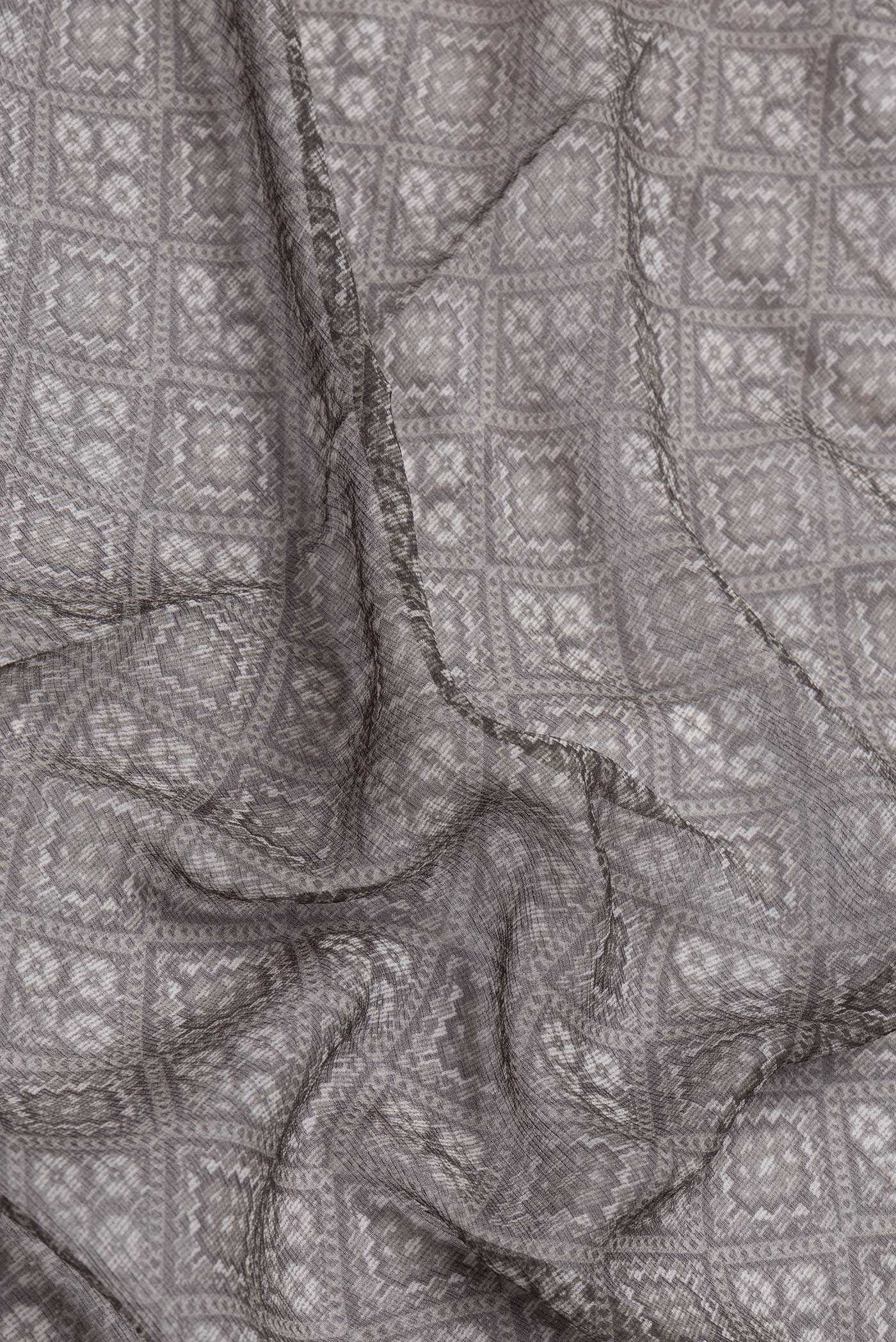 Close up of Grey Dual Tone Chiffon Saree with Printed design on the body and Thin Zari Line.  displaying folds