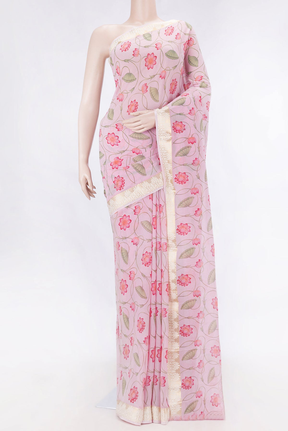 Pink Dual Tone Mysore Georgette SareePrinted design on the body and Zari Border displayed on a mannequin