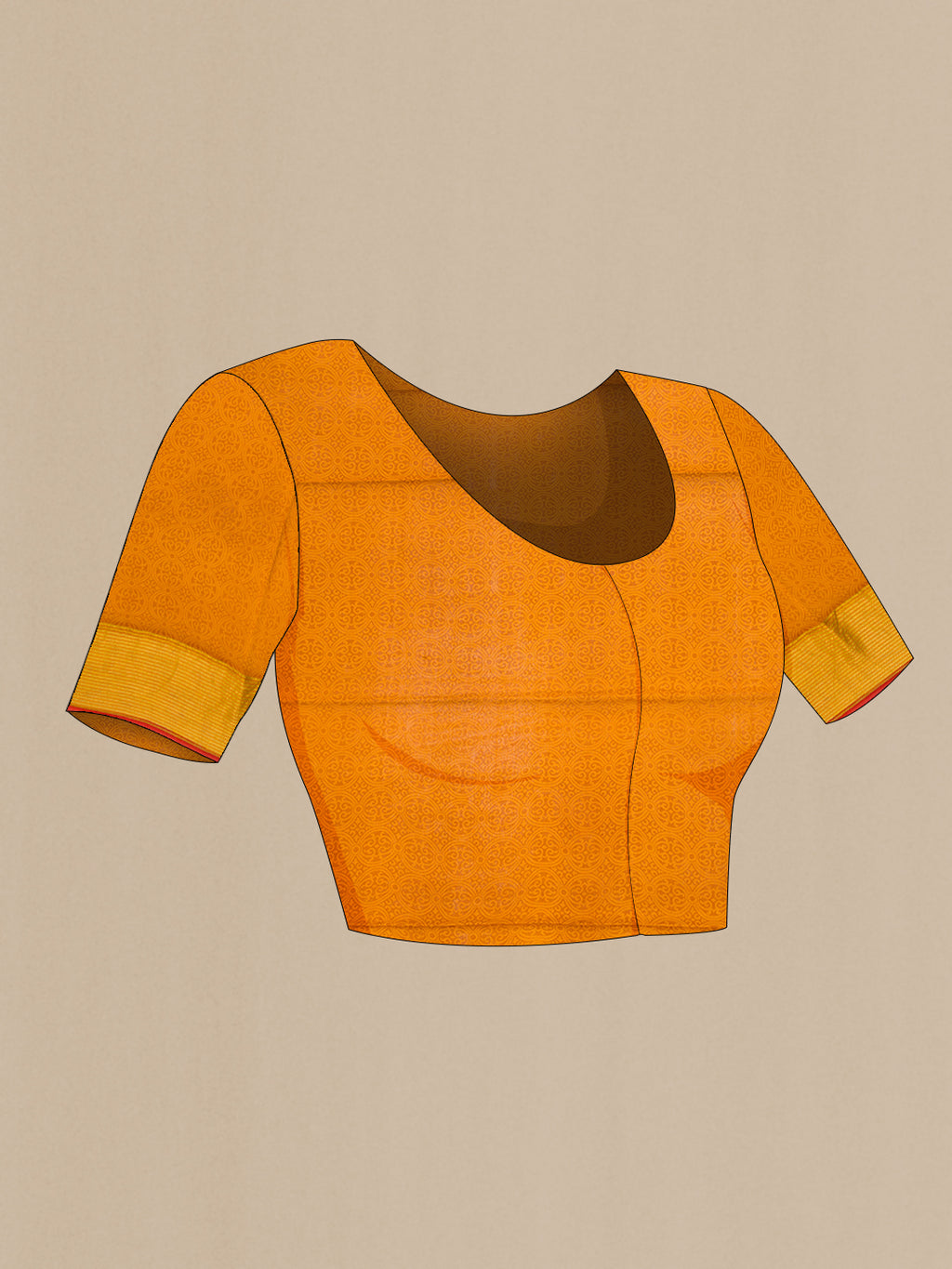 Close up image of the blouse of Mustard Dual Tone Mysore Crepe Saree with Printed design on the body and Zari Border. 