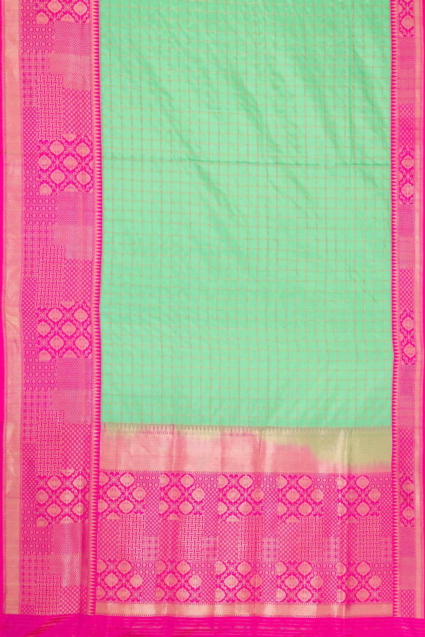 Flat view of Pure Silk Pure Zari Parrot Green Dual Tone Banarasi Saree with Checked design on the body and Zari Border