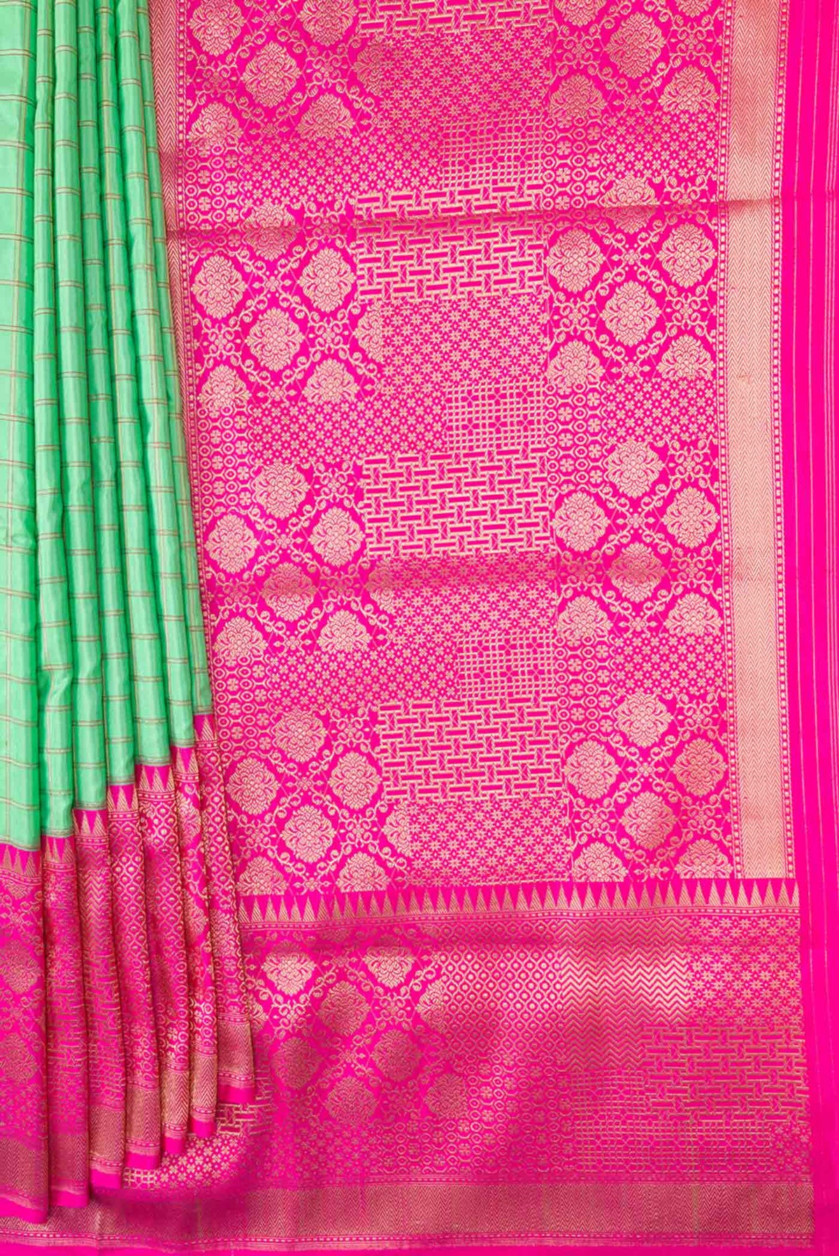 Pleats and pallu of Pure Silk Pure Zari Parrot Green Dual Tone Banarasi Saree with Checked design on the body and Zari Border