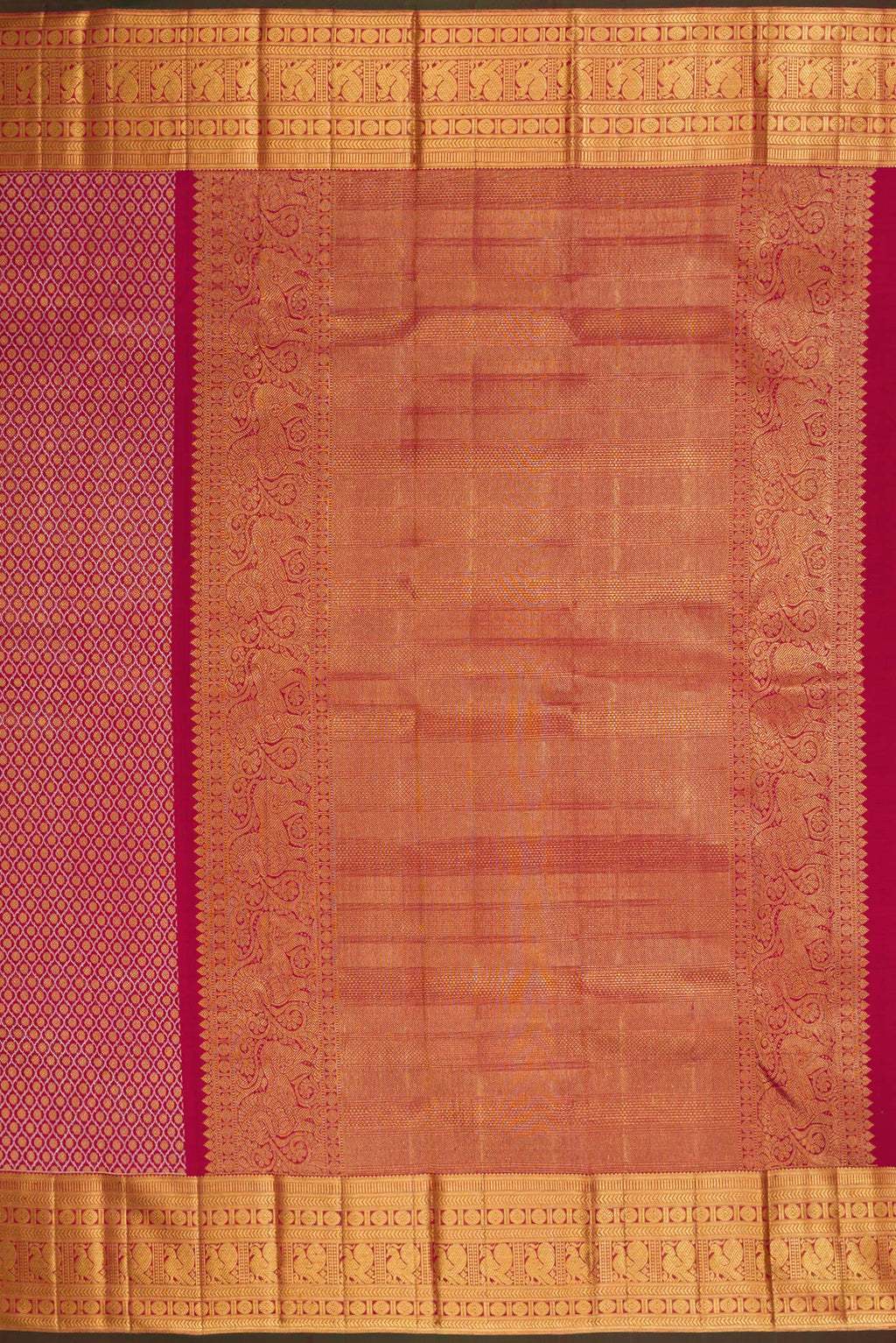 Close up image of the pallu of Maroon Dual Tone Kanchipuram Silk Saree with Zari Brocade on the body and Zari Border. 