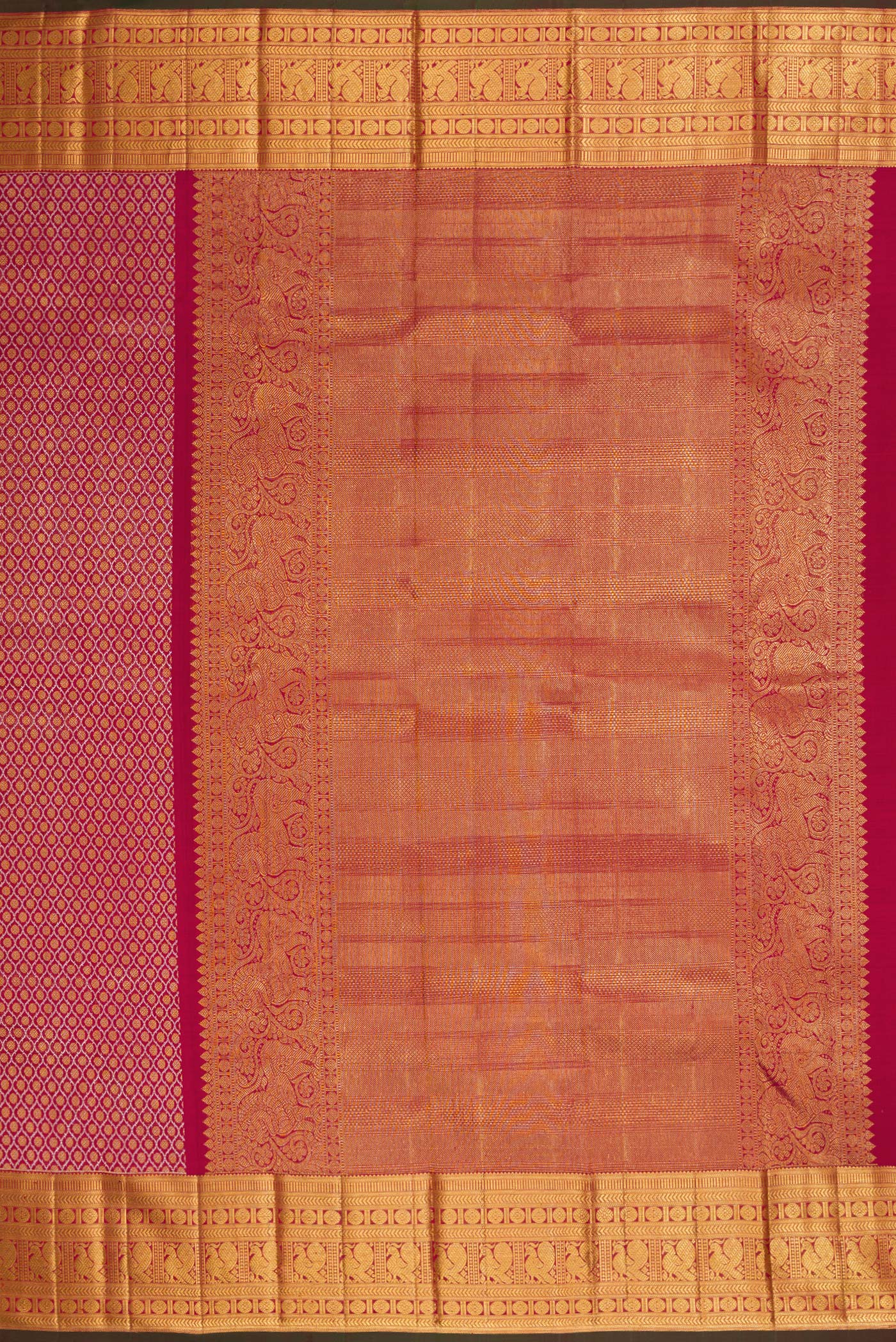 Close up image of the pallu of Maroon Dual Tone Kanchipuram Silk Saree with Zari Brocade on the body and Zari Border. 