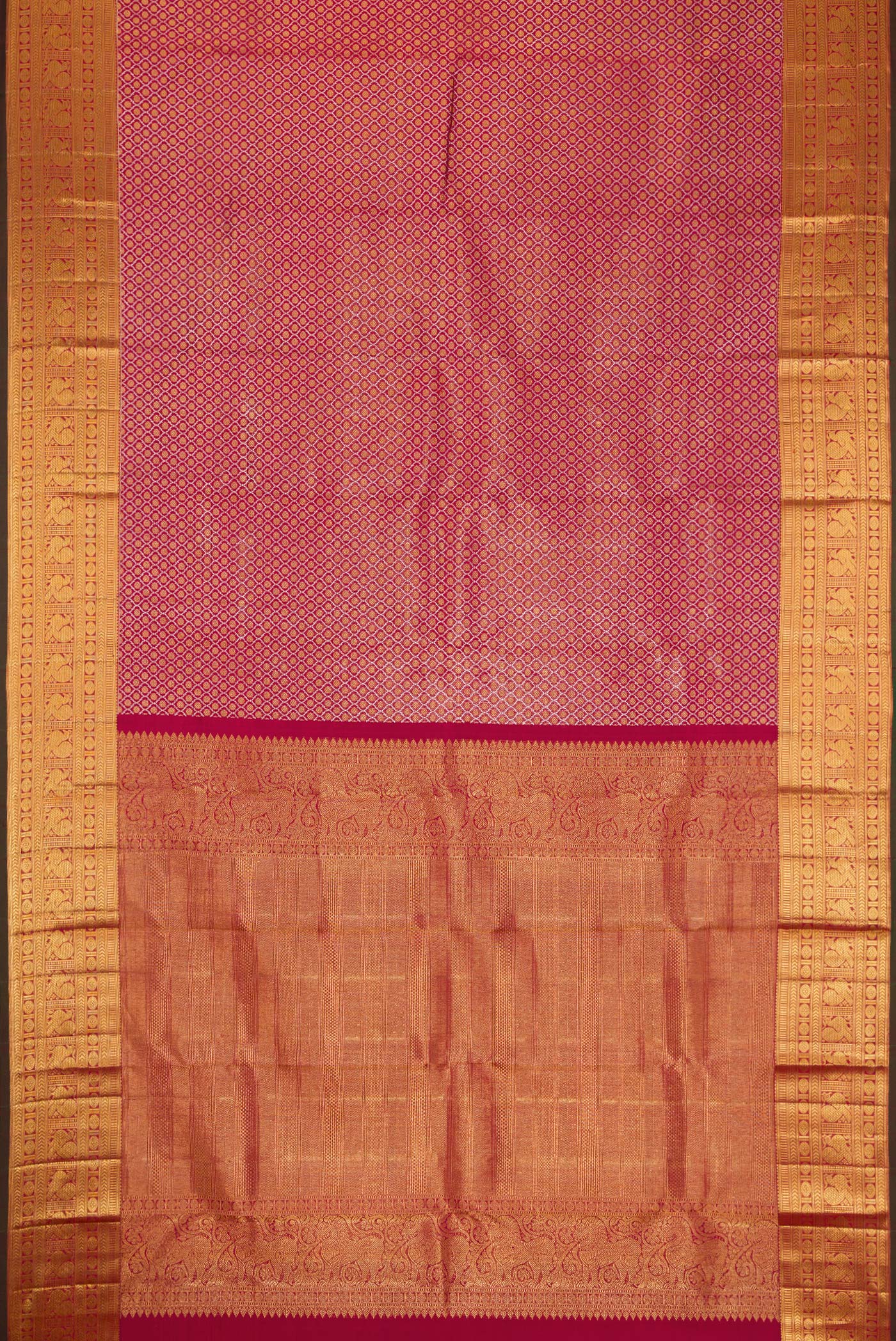 Flat view of Maroon Dual Tone Kanchipuram Silk Saree with Zari Brocade on the body and Zari Border. 