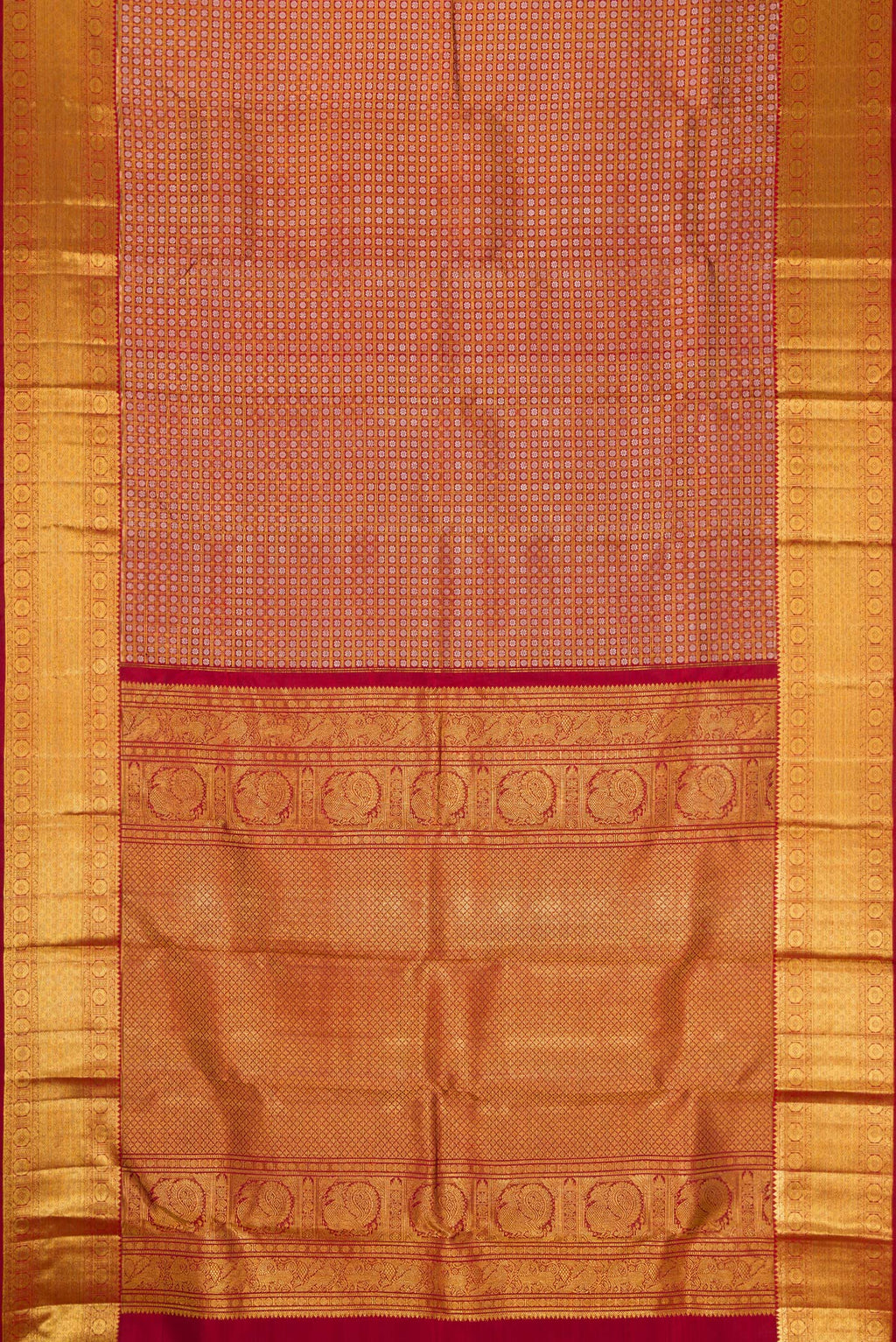 Flat view of Maroon Kanchipuram Silk Saree with Zari Brocade on the body and Zari Border. 