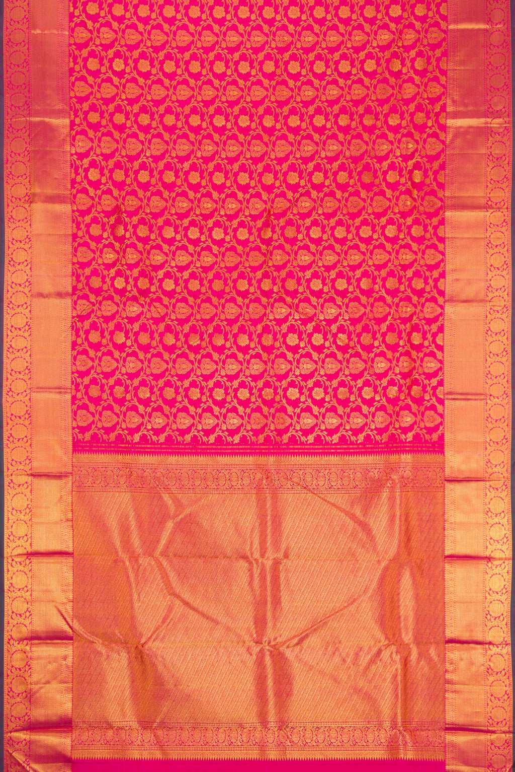 Flat view of Pink Dual Tone Kanjivaram Silk Saree with Zari Brocade on the body and Zari Border. 
