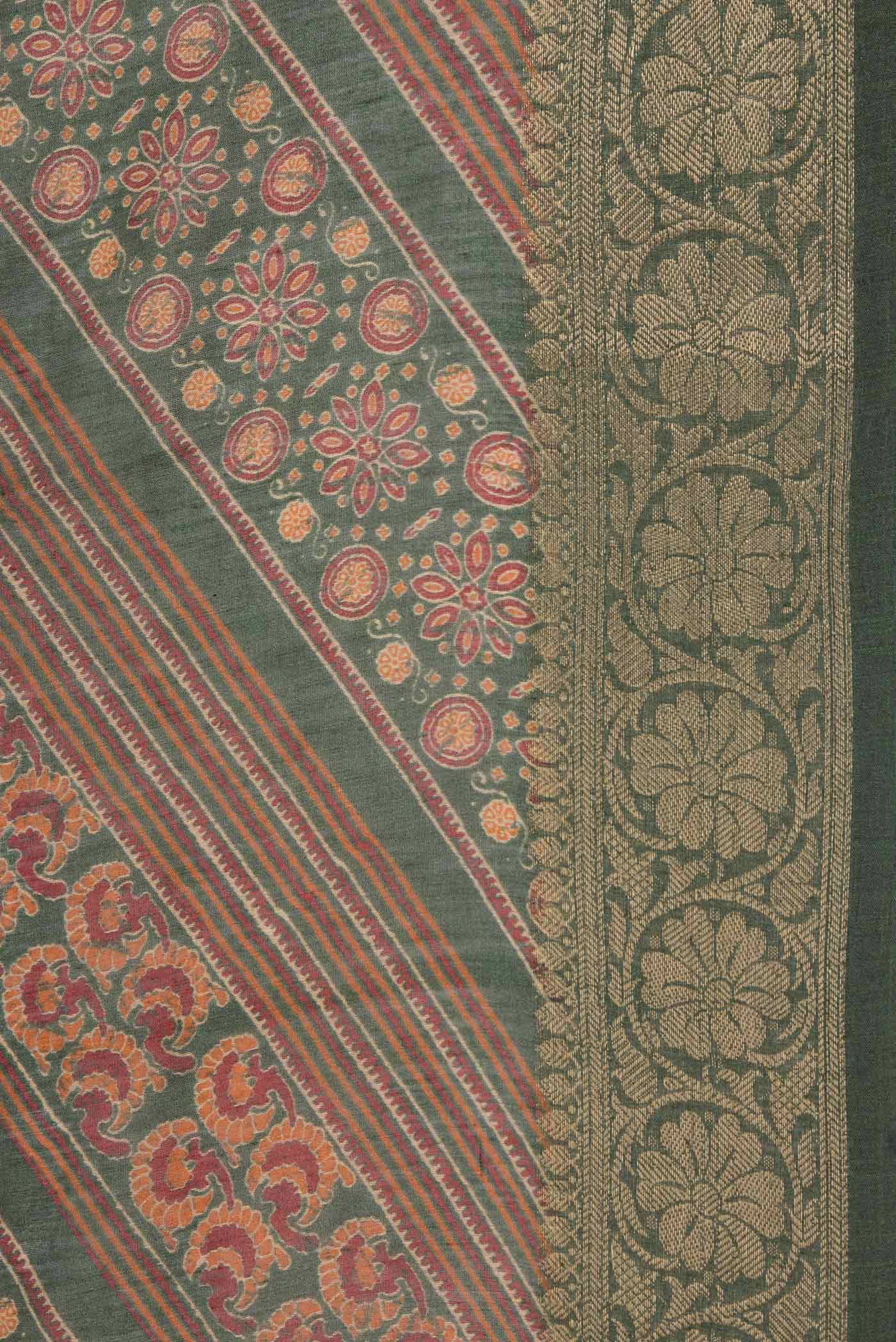 Border image of Green Dual Tone Tussar Silk Saree with Printed design on the body and Zari Border