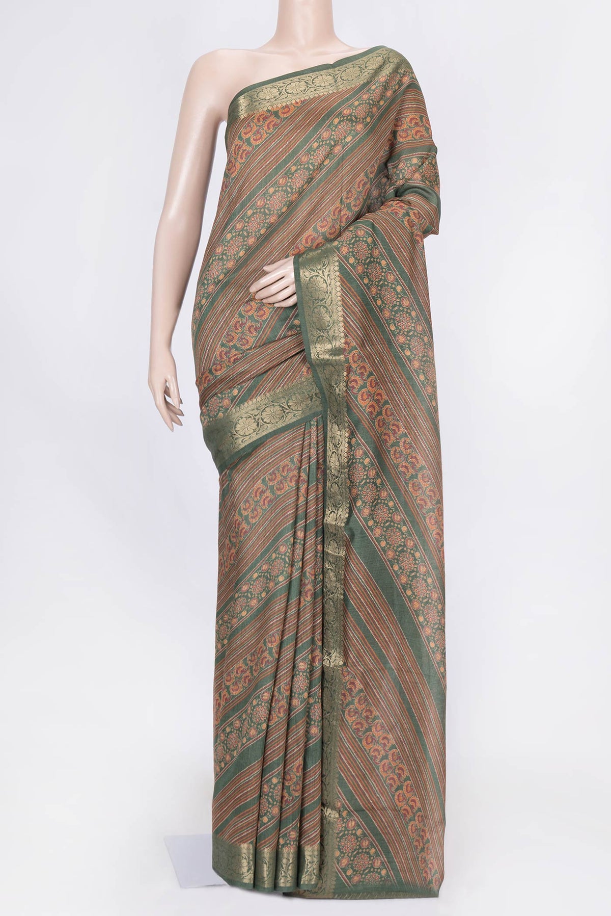 Green Dual Tone Tussar Silk Saree with Printed design on the body and Zari Border displayed on a mannequin