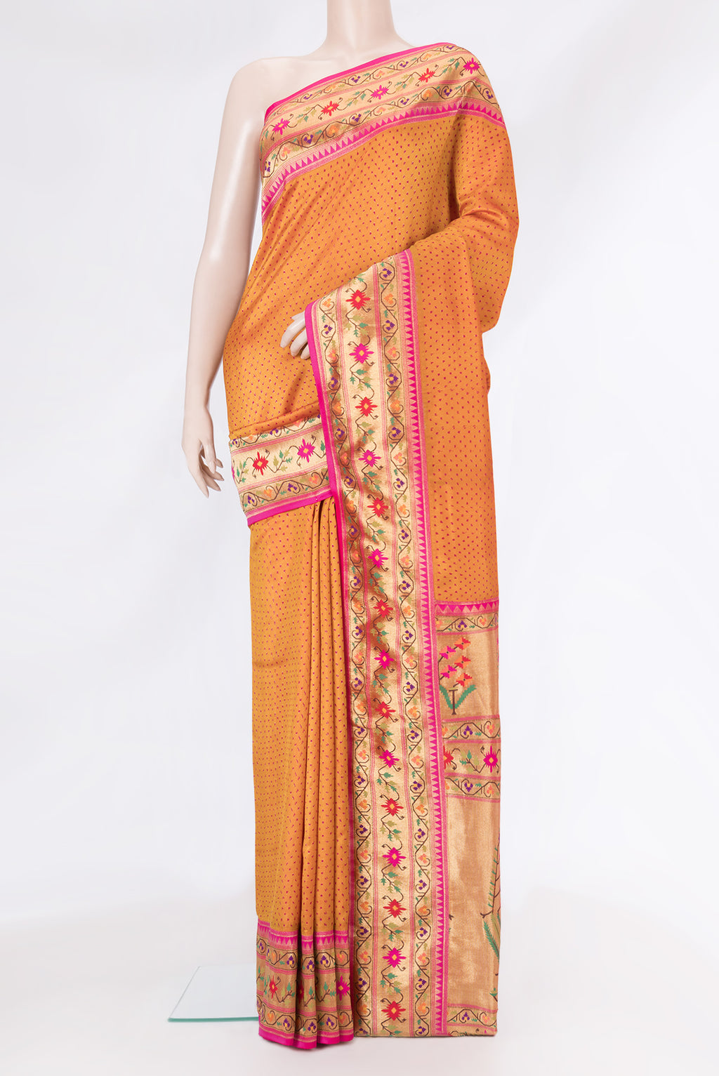 Mustard Dual Tone Double Ikat Saree with Ikat Print on the body and Paithani Border.  displayed on a mannequin
