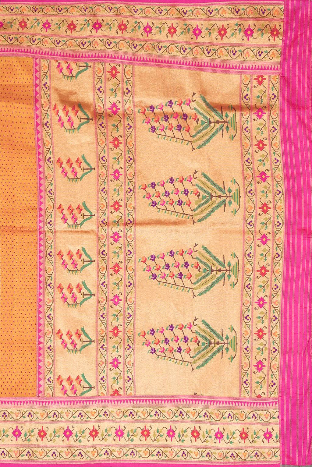 Close up image of the pallu of Mustard Dual Tone Double Ikat Saree with Ikat Print on the body and Paithani Border. 