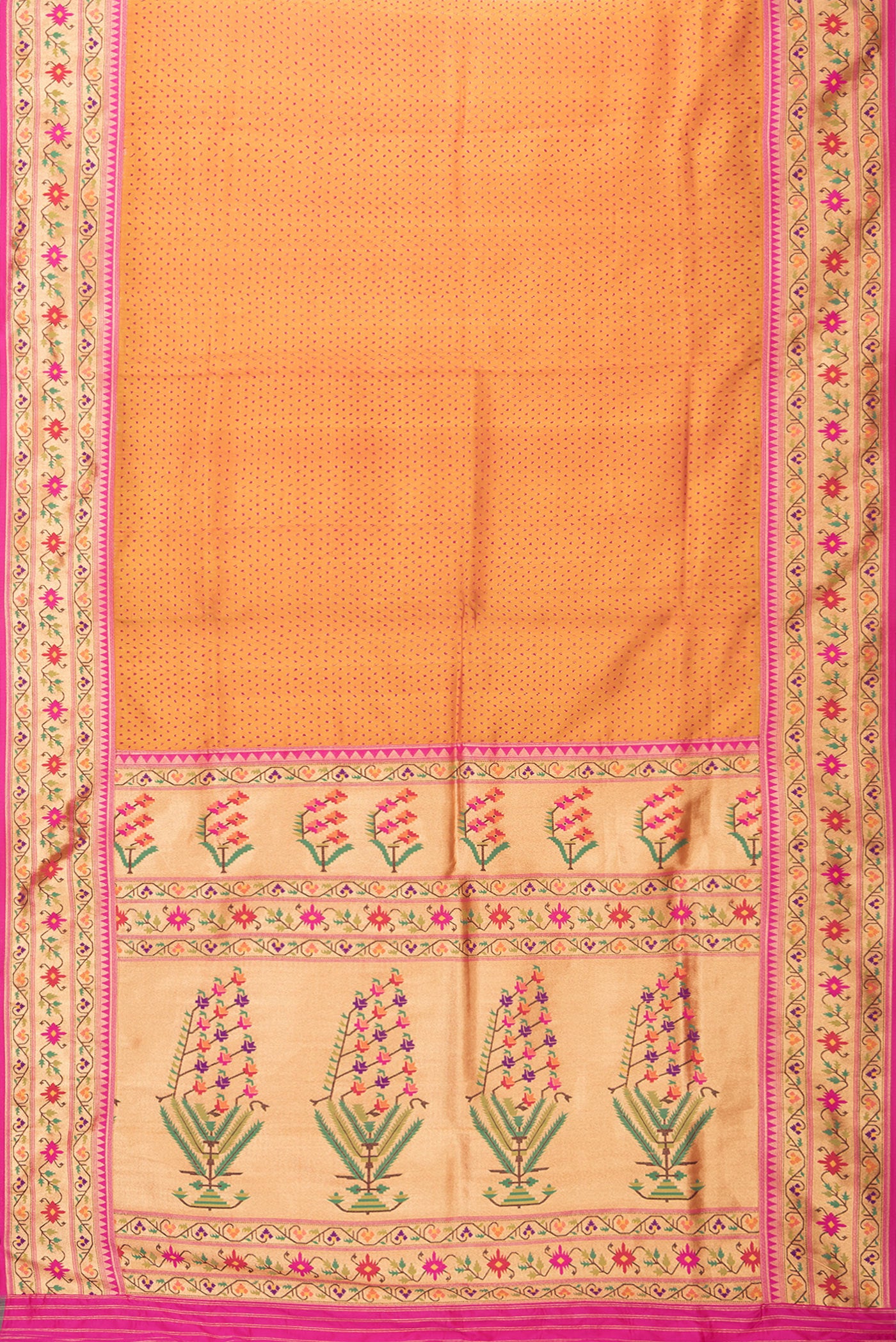 Flat view of Mustard Dual Tone Double Ikat Saree with Ikat Print on the body and Paithani Border. 