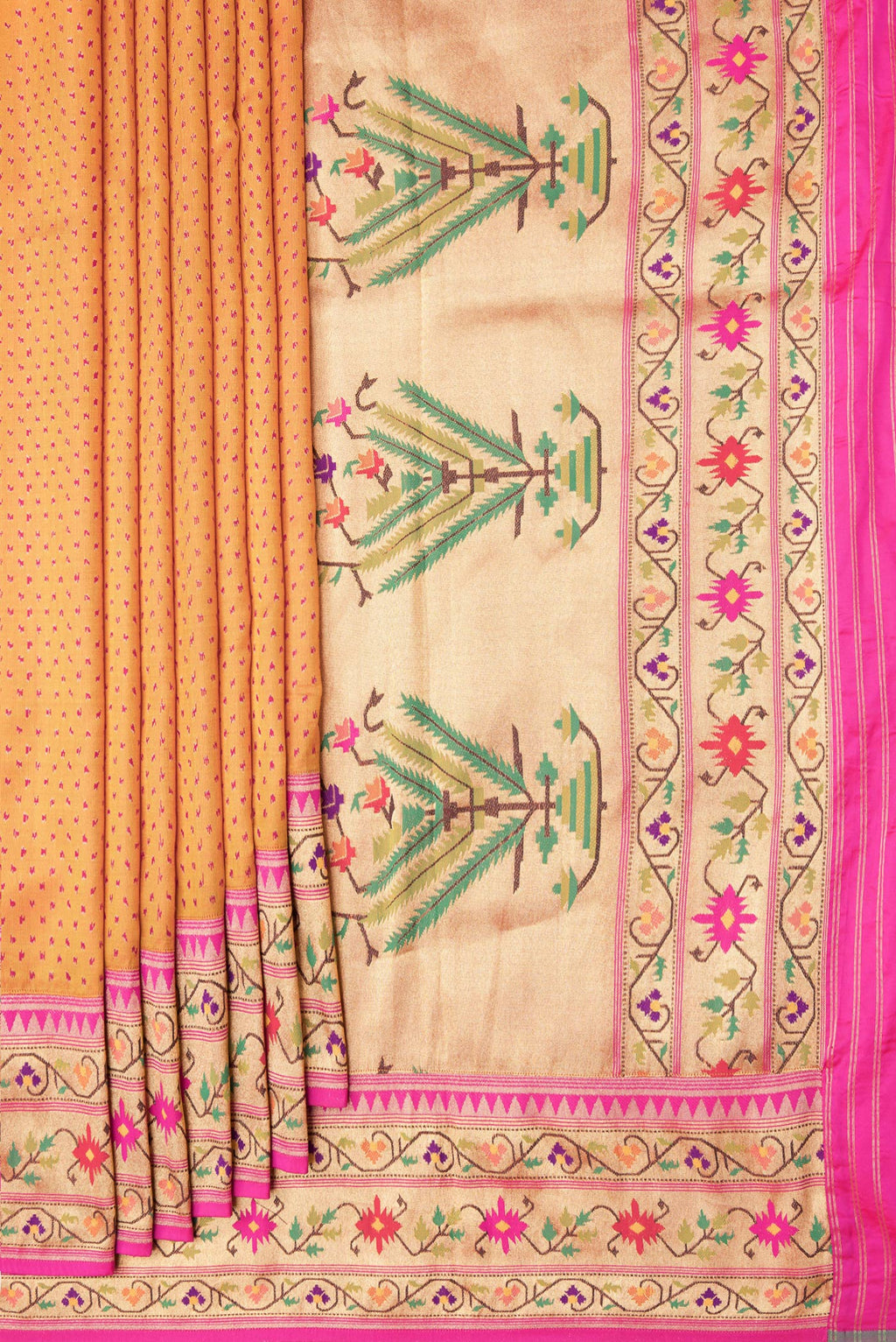 Pleats and pallu of Mustard Dual Tone Double Ikat Saree with Ikat Print on the body and Paithani Border. 