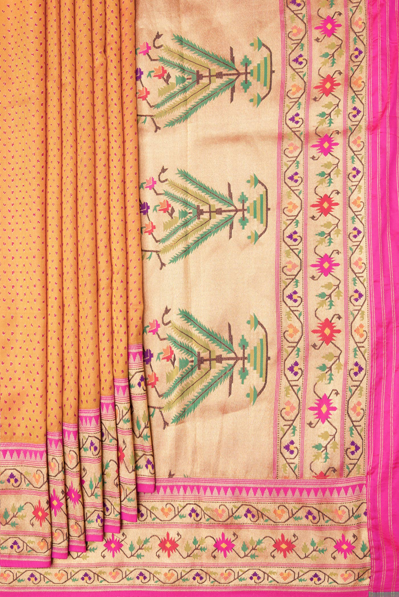 Pleats and pallu of Mustard Dual Tone Double Ikat Saree with Ikat Print on the body and Paithani Border. 