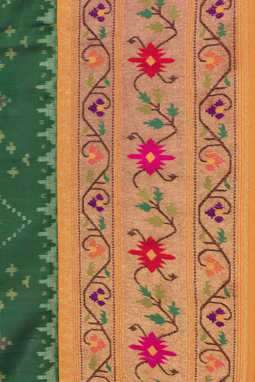 Border image of Green Dual Tone Double Ikat Saree with Ikat Print on the body and Zari And Thread Border. 