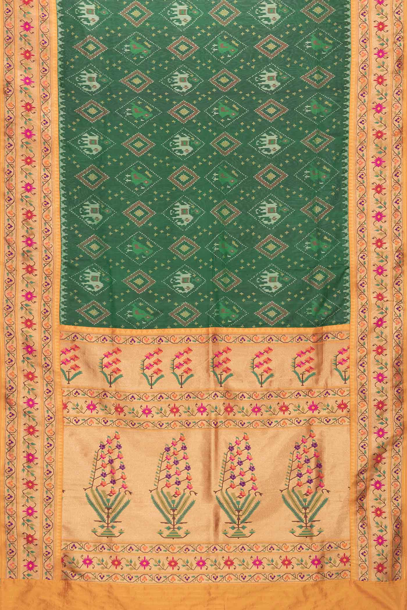 Flat view of Green Dual Tone Double Ikat Saree with Ikat Print on the body and Zari And Thread Border. 