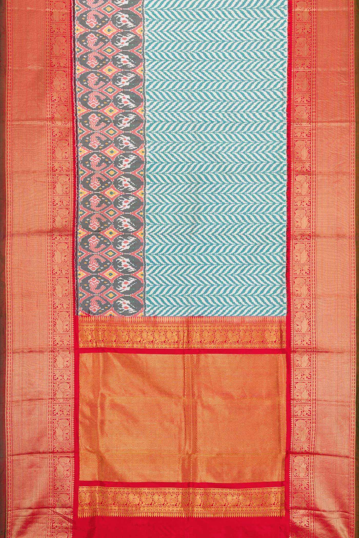 Flat view of Off White and Green Color Double Ikat Saree with Ikat Print on the body and Ikat Border. 