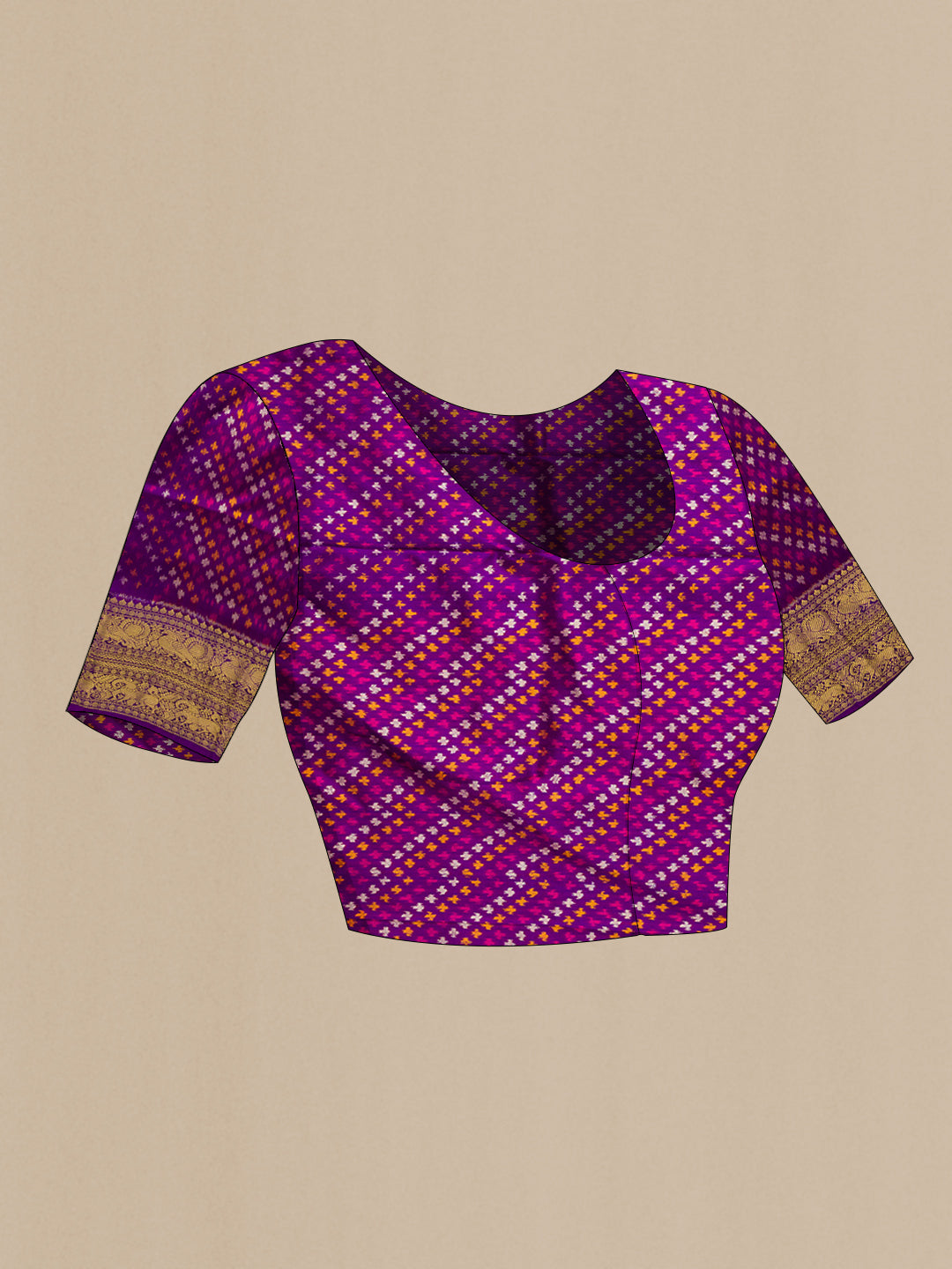 Close up image of the blouse of Orange Dual Tone Double Ikat Saree with Ikat Print on the body and Ikat Border. 