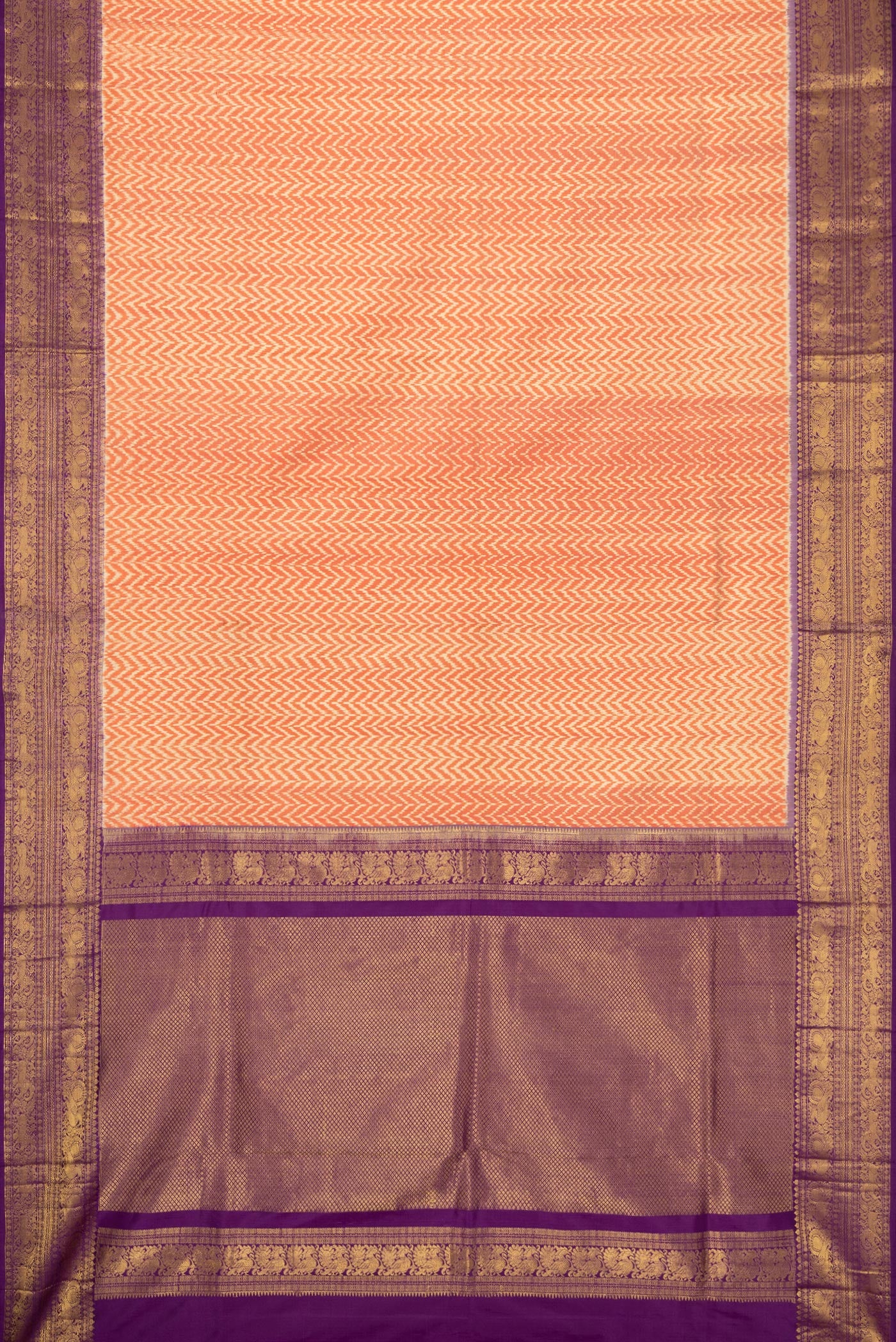 Flat view of Orange Dual Tone Double Ikat Saree with Ikat Print on the body and Ikat Border. 