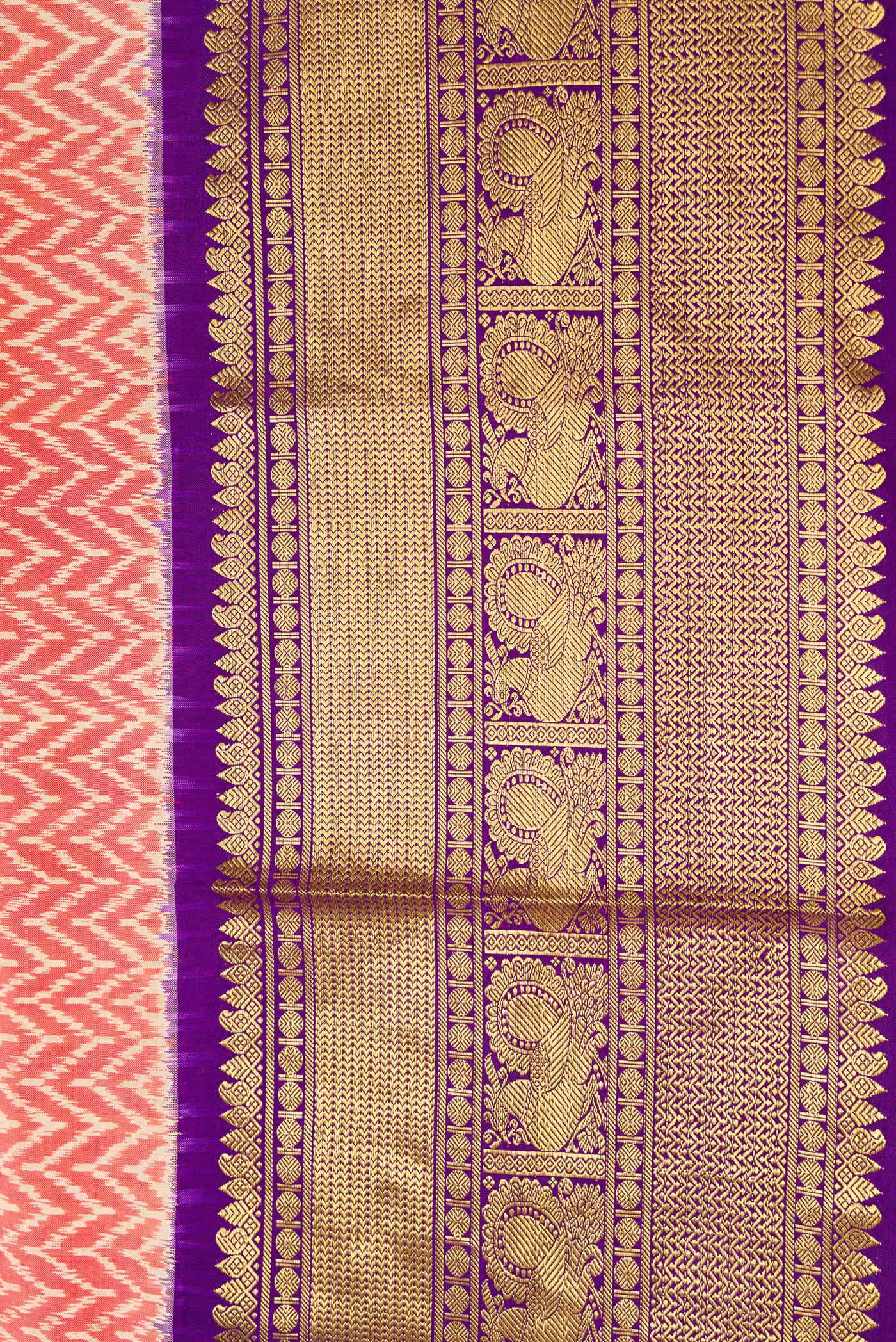 Border image of Off White and Orange Color Double Ikat Saree with Ikat Print on the body and Zari Border. 