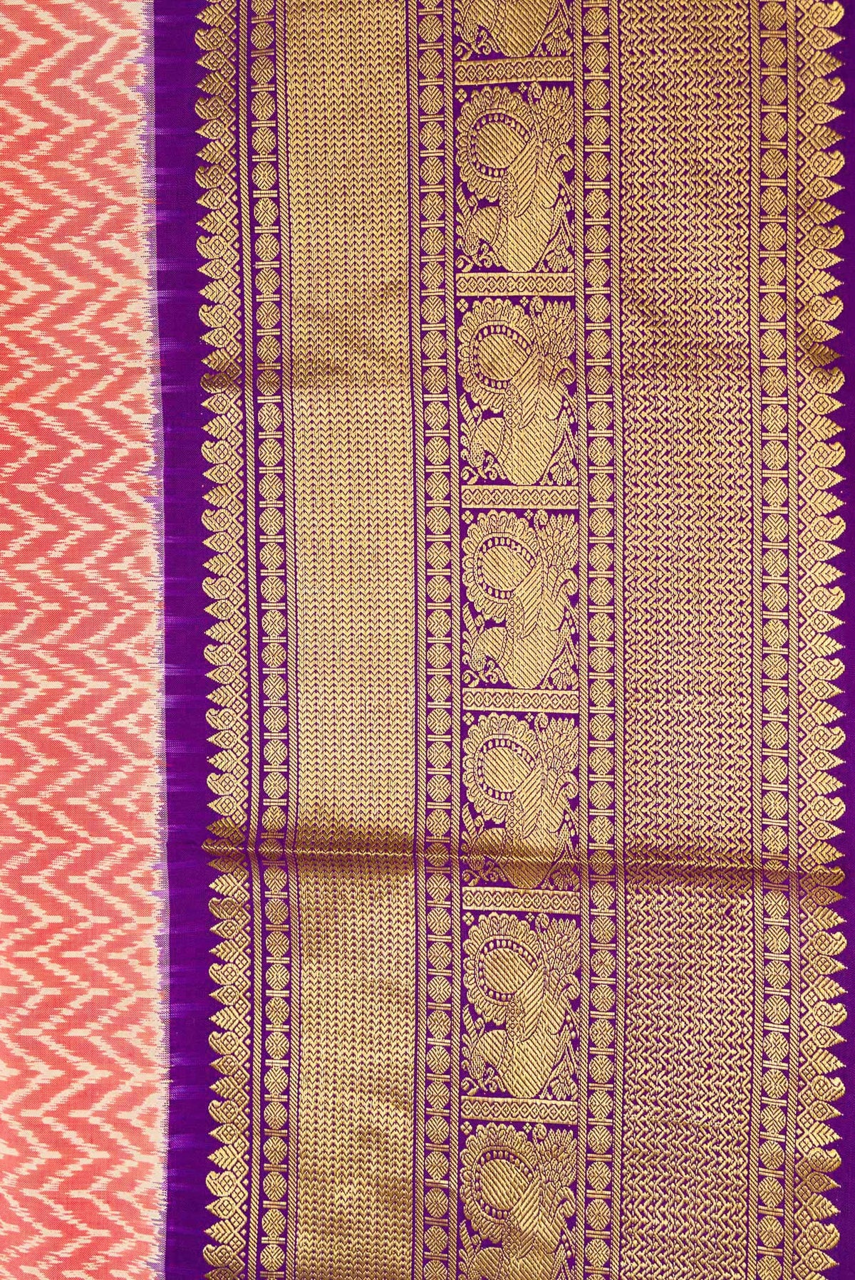 Border image of Off White and Orange Color Double Ikat Saree with Ikat Print on the body and Zari Border. 