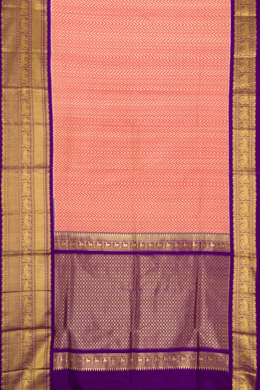 Flat view of Off White and Orange Color Double Ikat Saree with Ikat Print on the body and Zari Border. 
