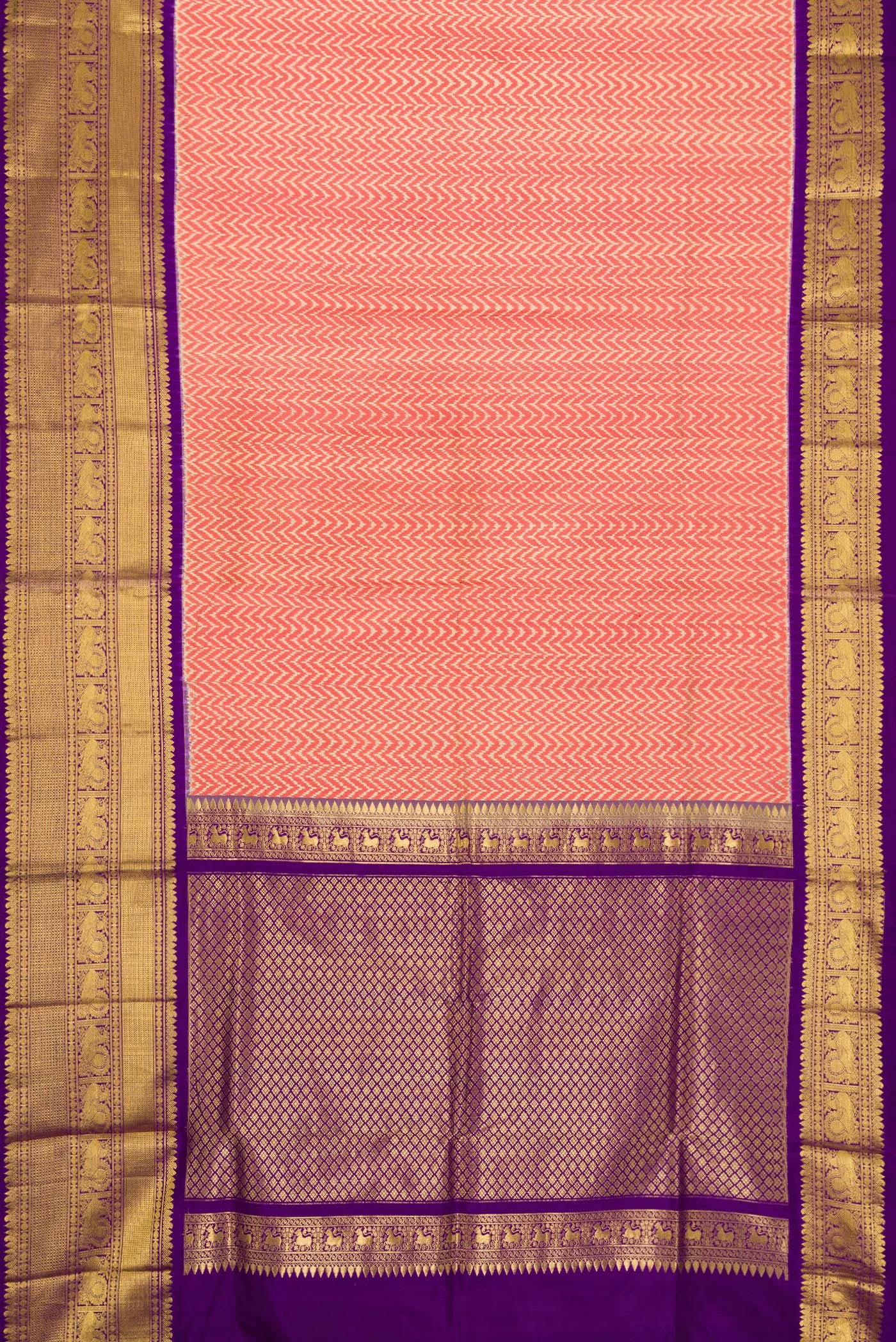 Flat view of Off White and Orange Color Double Ikat Saree with Ikat Print on the body and Zari Border. 