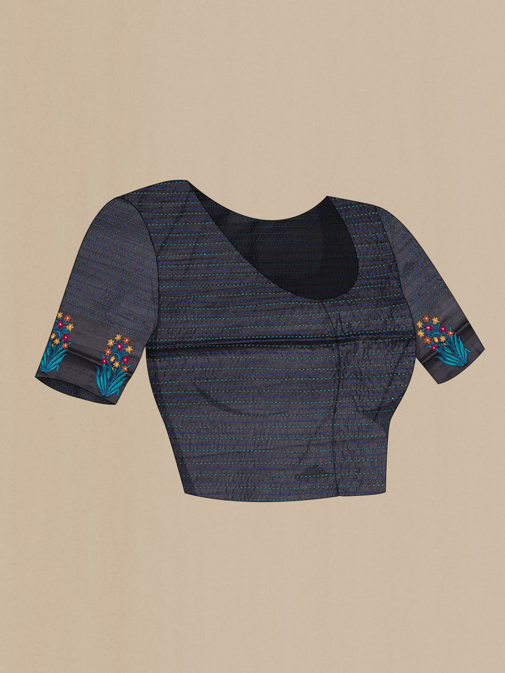 Close up image of the blouse of Black Tussar Silk Saree with Embroidery on the body and Embroidery Border