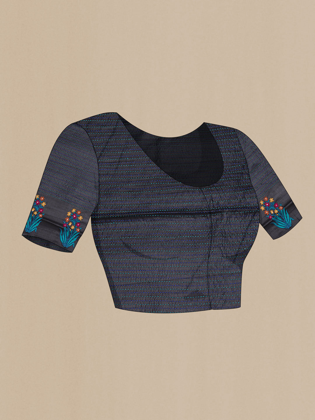 Close up image of the blouse of Black Tussar Silk Saree with Embroidery on the body and Embroidery Border