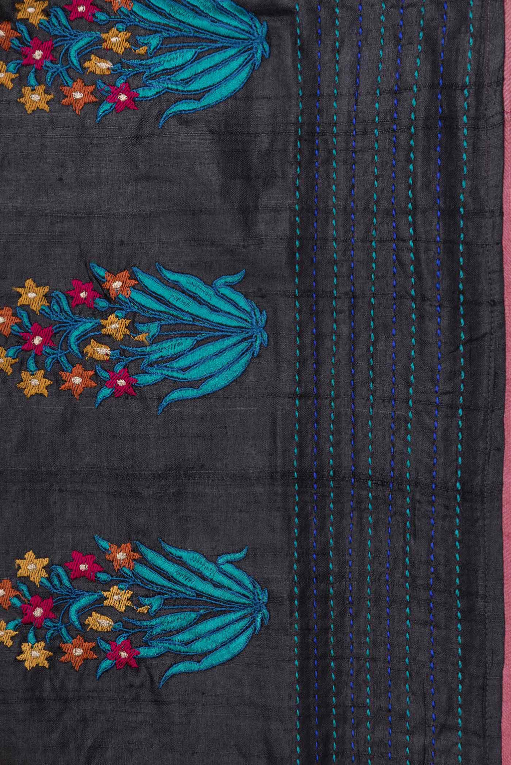 Border image of Black Tussar Silk Saree with Embroidery on the body and Embroidery Border
