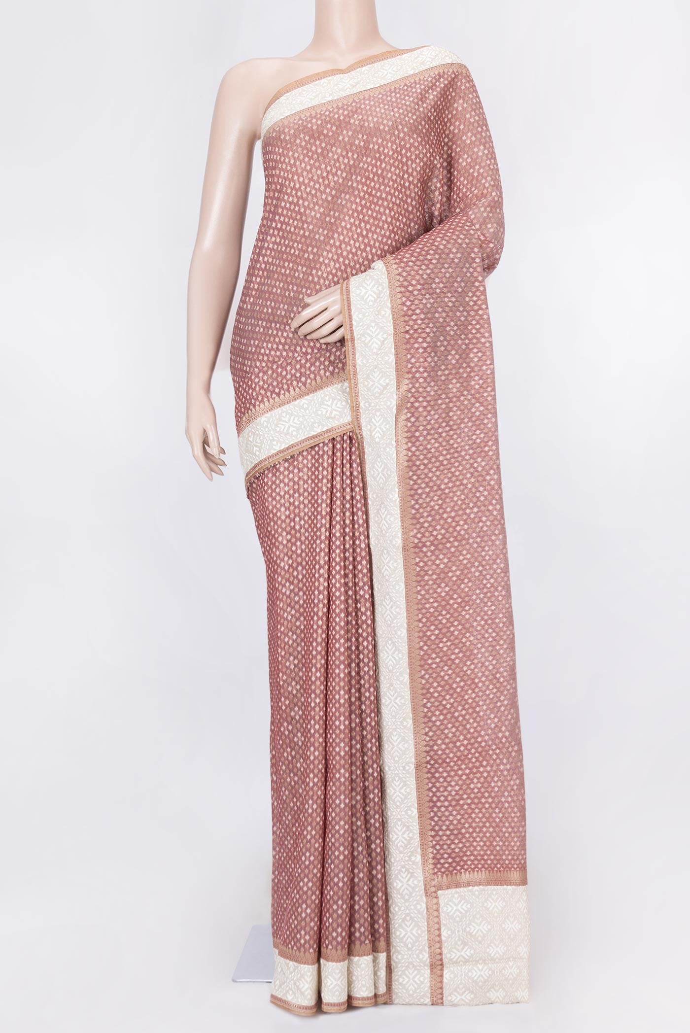 Mauve Dual Tone Chanderi Silk Saree with Zari Brocade on the body and Embroidery Border displayed on a mannequin