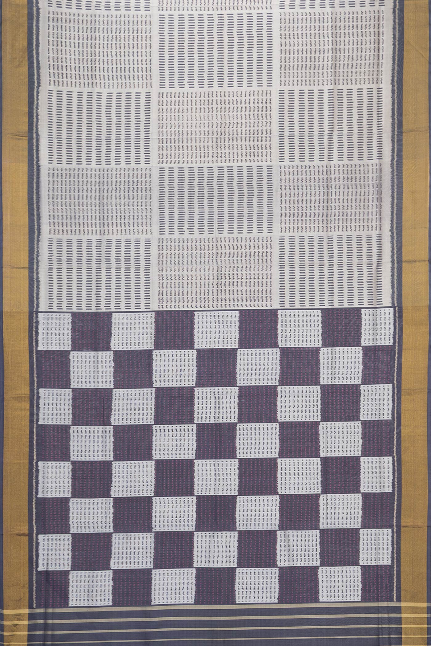 Flat view of Grey Dual Tone Rajkot Patola Silk Saree with Ikat Print on the body and Zari Border. 
